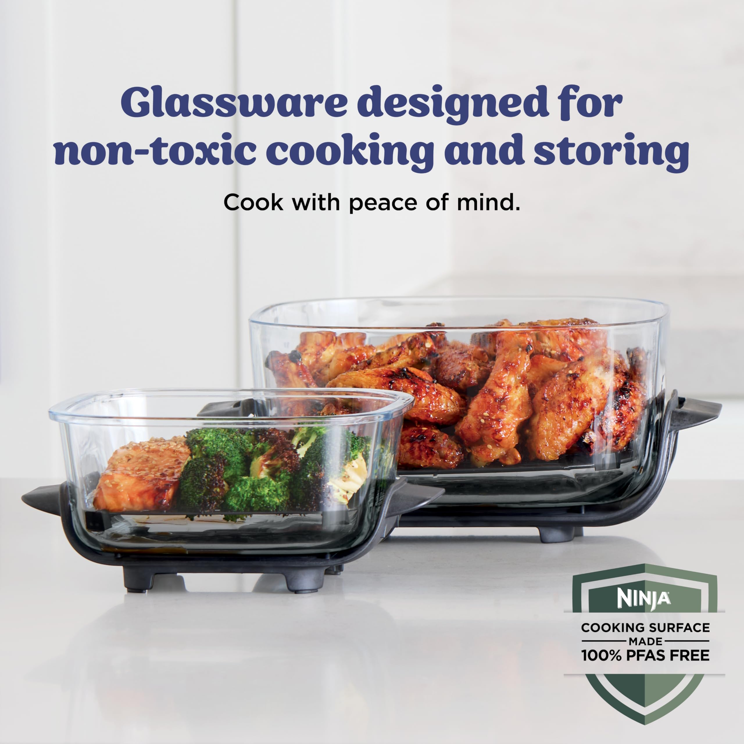 Ninja Crispi Air Fryer, Microwave, Freezer & Dishwasher Safe, Non Toxic Glass Portable Cooking System, 4 QT & 6 Cup Glass Containers with Storage Lids, Easy Meals, Air Fry, Bake, Green, FN101SG