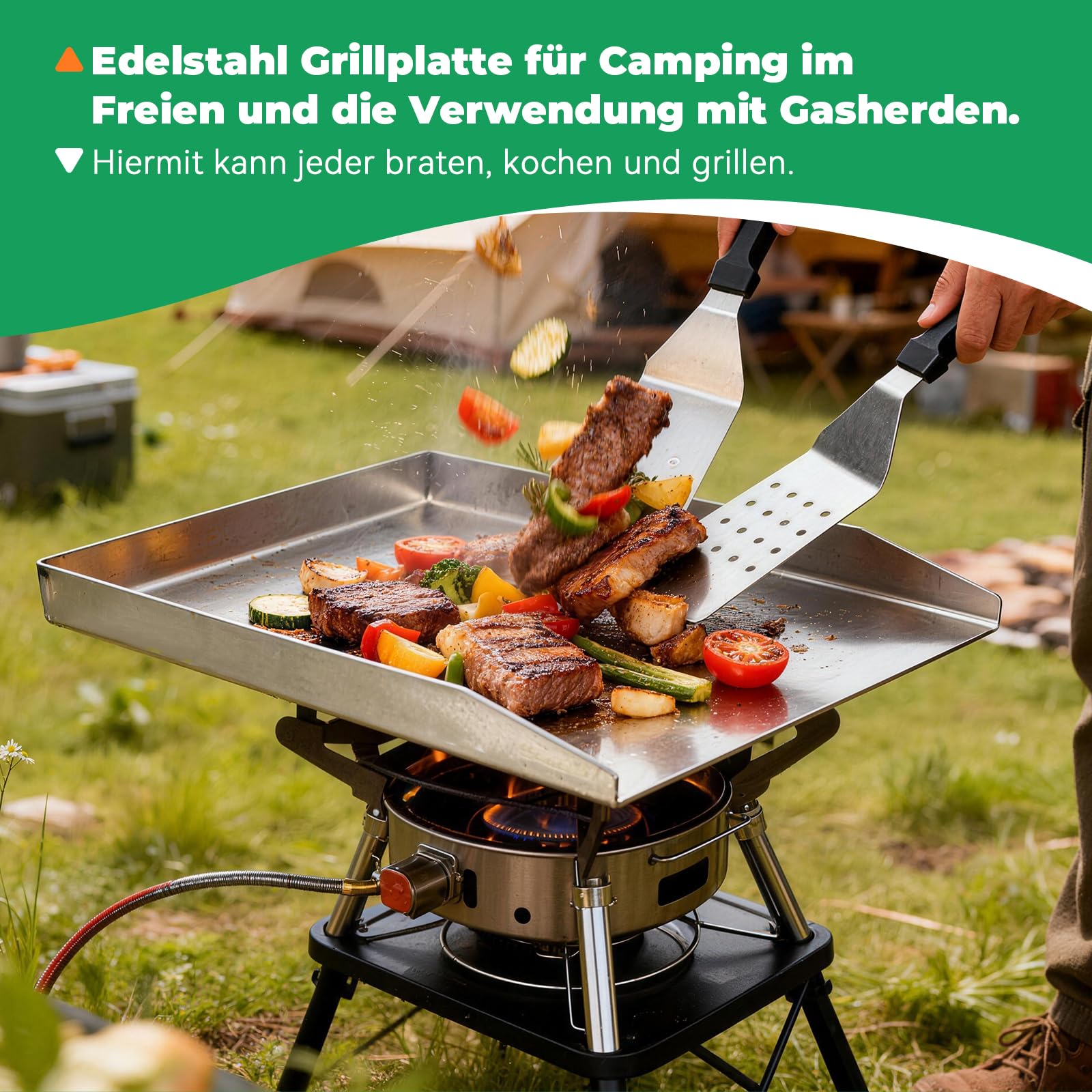 WELL GRILL 30x40CM Plancha Grillplatte mit Grillspachtel Schaber set, Massiv aus 4.2mm Universal BBQ Plancha Grill Grillplatte Edelstahl für die meisten Gasgrill und Holzkohlegrill