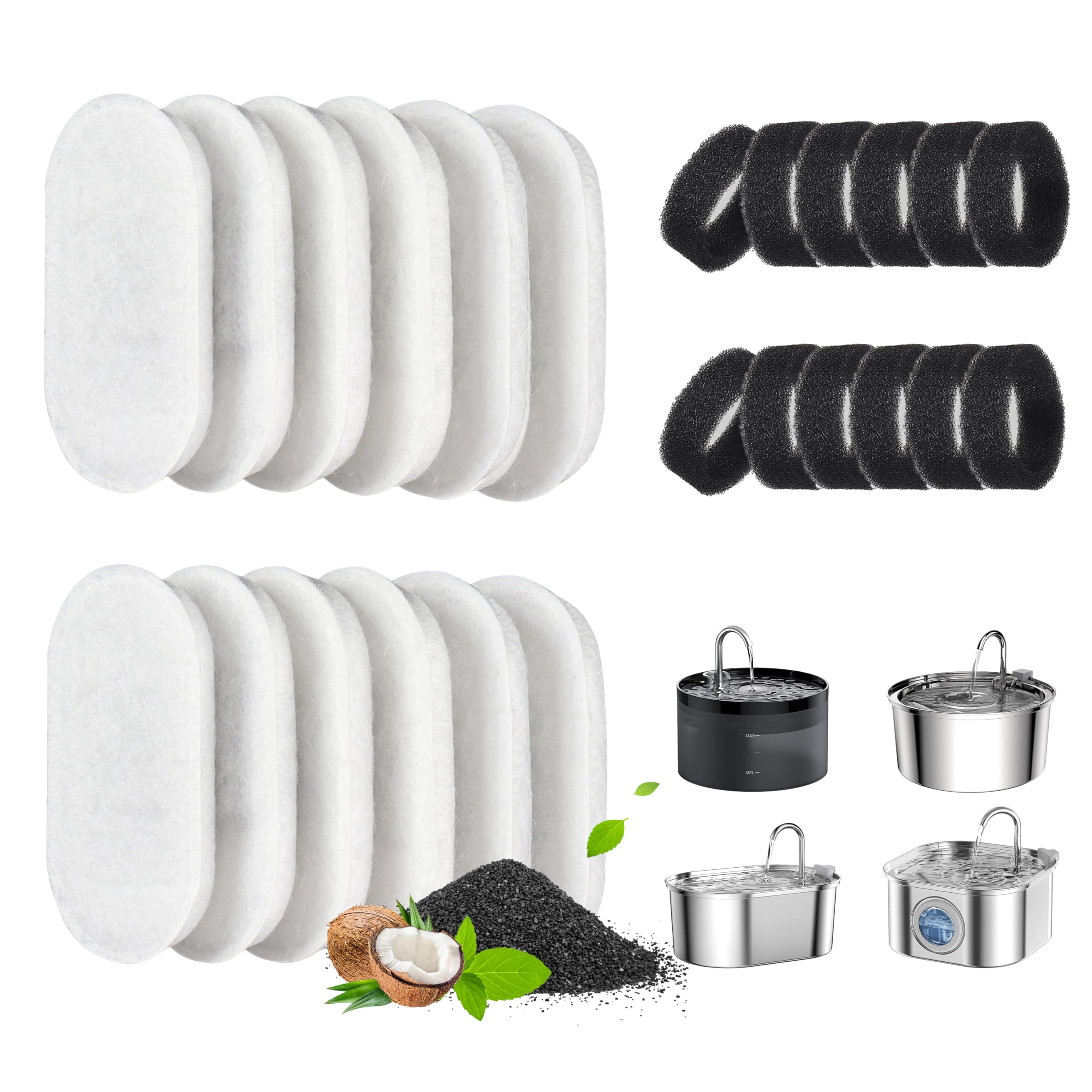 Cat Water Fountain Replacement Filters, 24 Pack for 67oz/2L & 108oz/3.2L Stainless Steel Pet Fountain (12 Filters & 12 Sponges) — image 1
