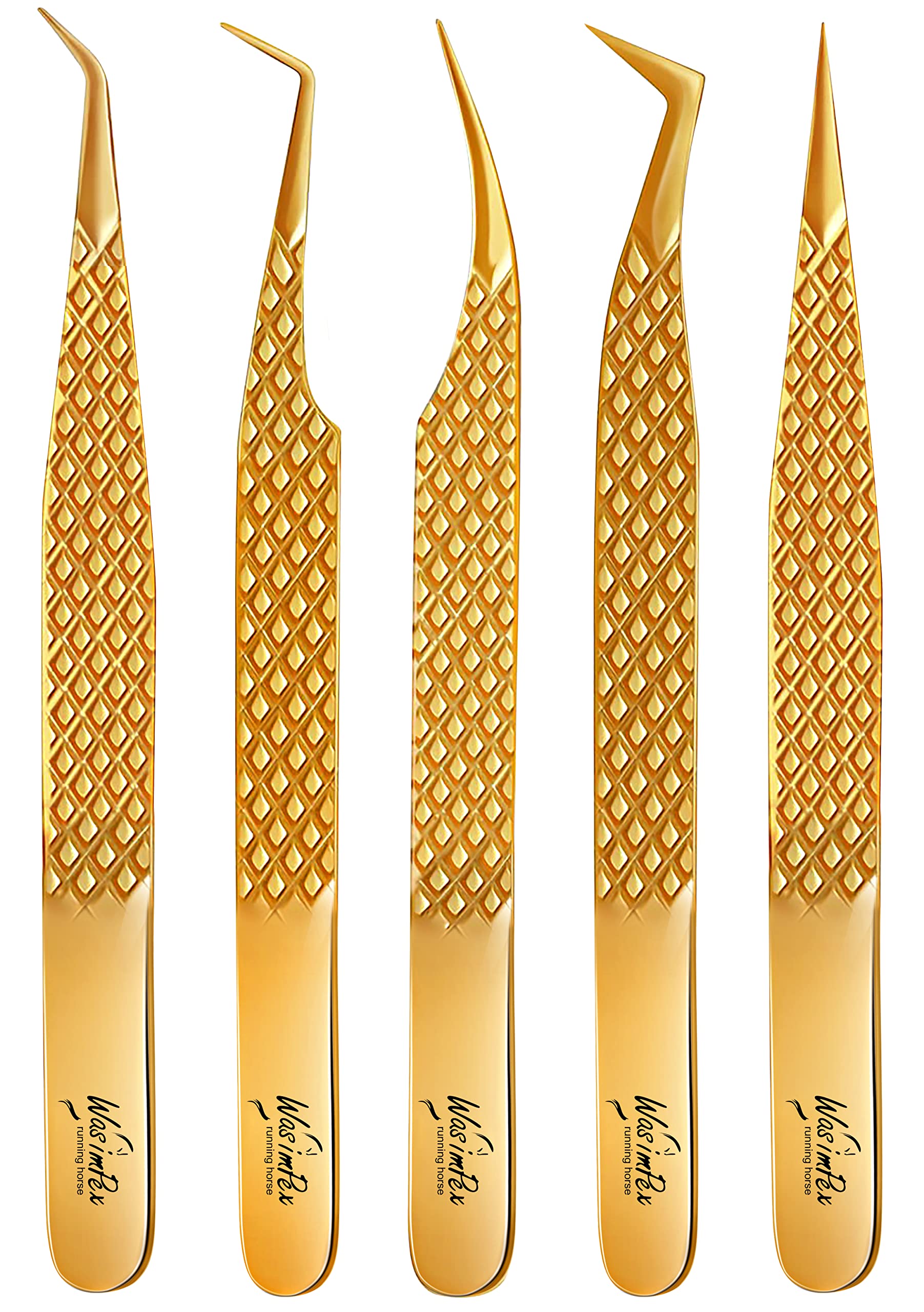 Eyelash Extension Tweezers (5PC) - Professional & Precision Gold Lash Tweezers for Eyelash Extensions