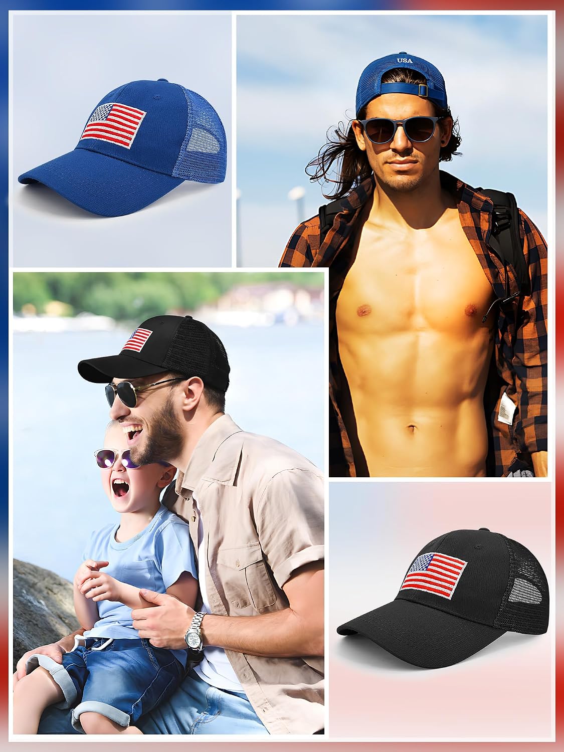 4 Pieces USA Hats for Men American Flag Cap Adjustable Embroidered Patriotic Baseball Hat Trucker Hat for Men Women