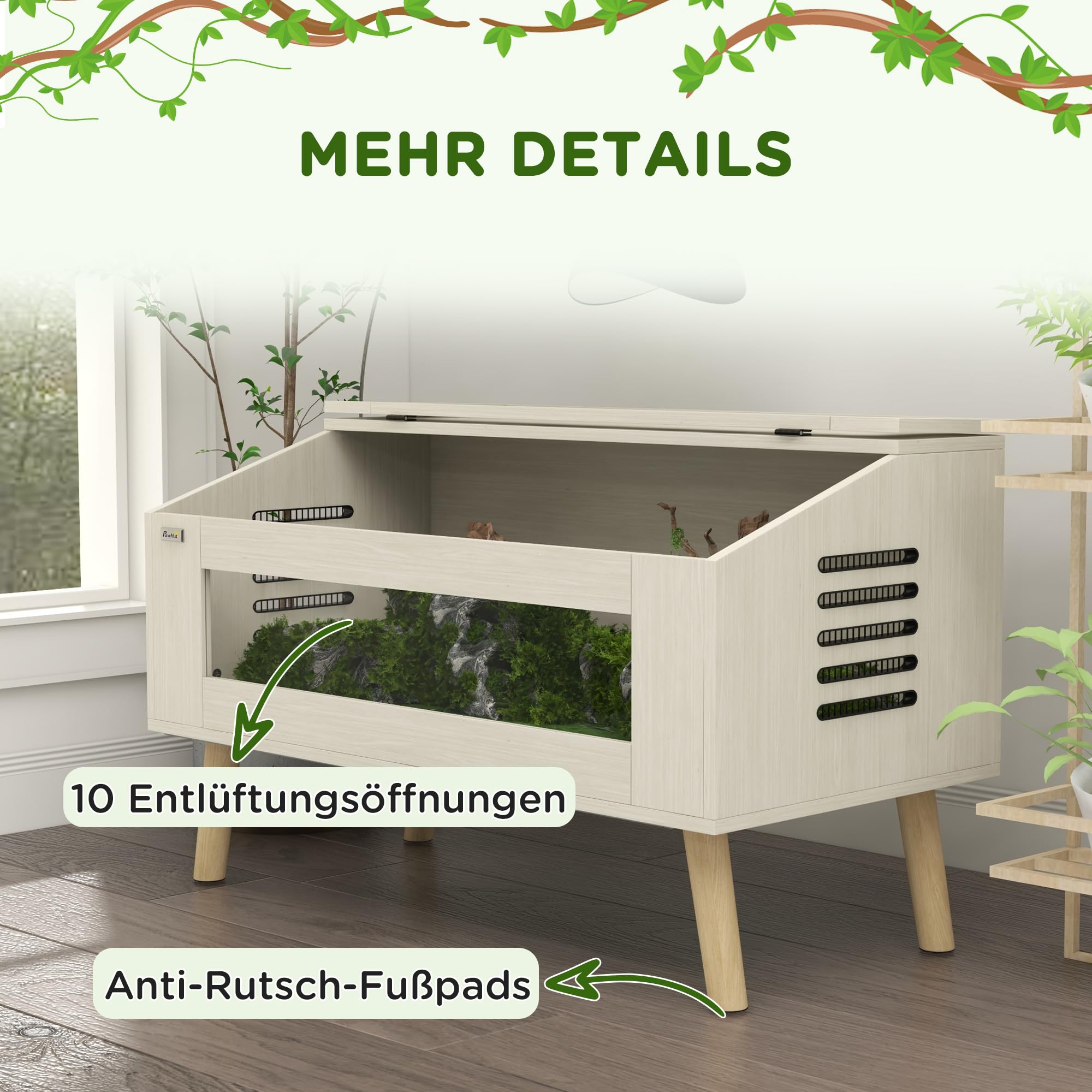 PawHut Terrarium für Reptilien, 100 x 50 x 60 cm 140L Reptil Fütterungsbox mit gehärteten Glasfenstern, aufklappbar Deckel, Beine, Aufzuchtbox für Amphibien, Spinne, Eiche
