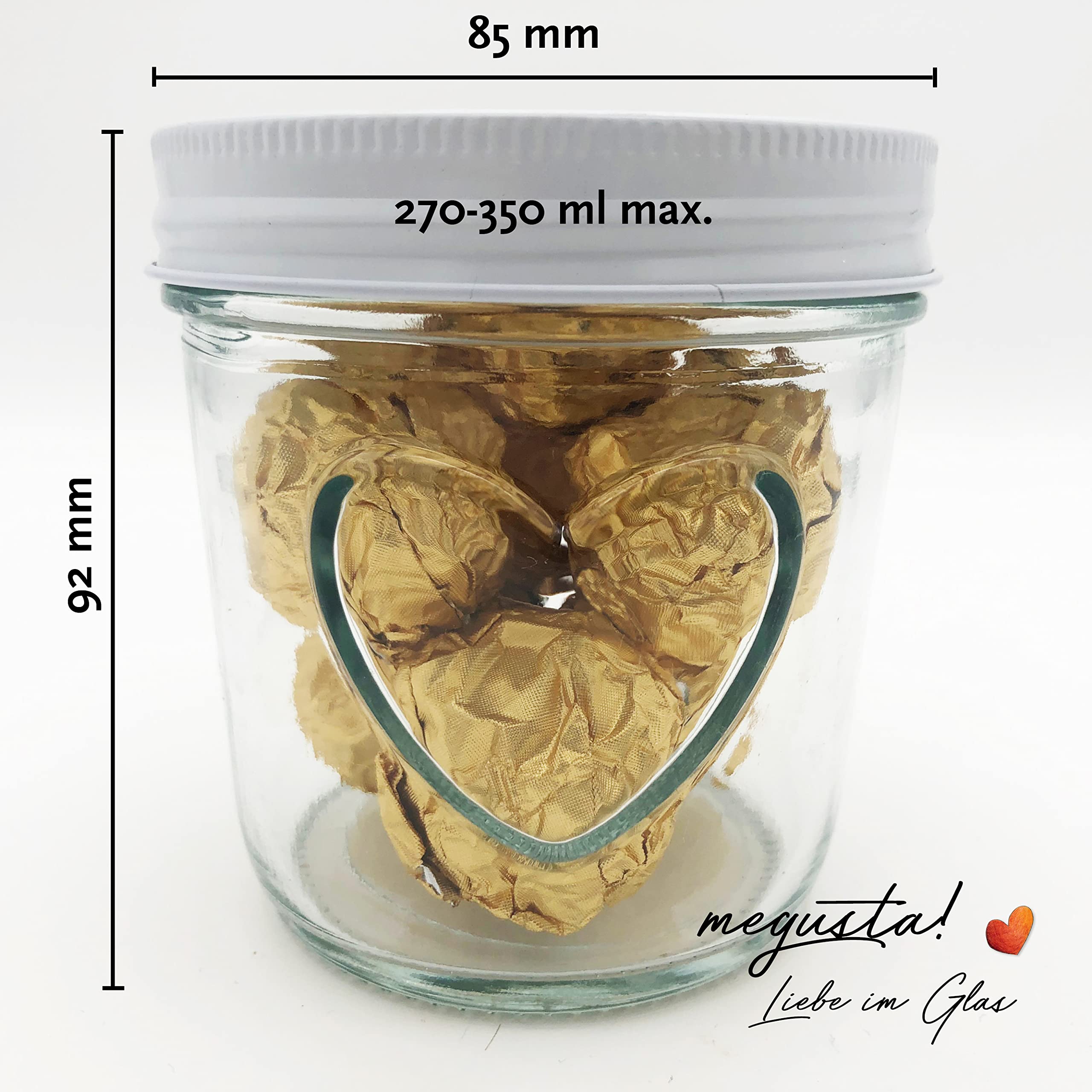 Megusta! Set Di 6 Vasetti Per Conserve 280 Ml – Diamante, Con Coperchio A Cuore, +12 Etichette, Per Marmellate E Regali