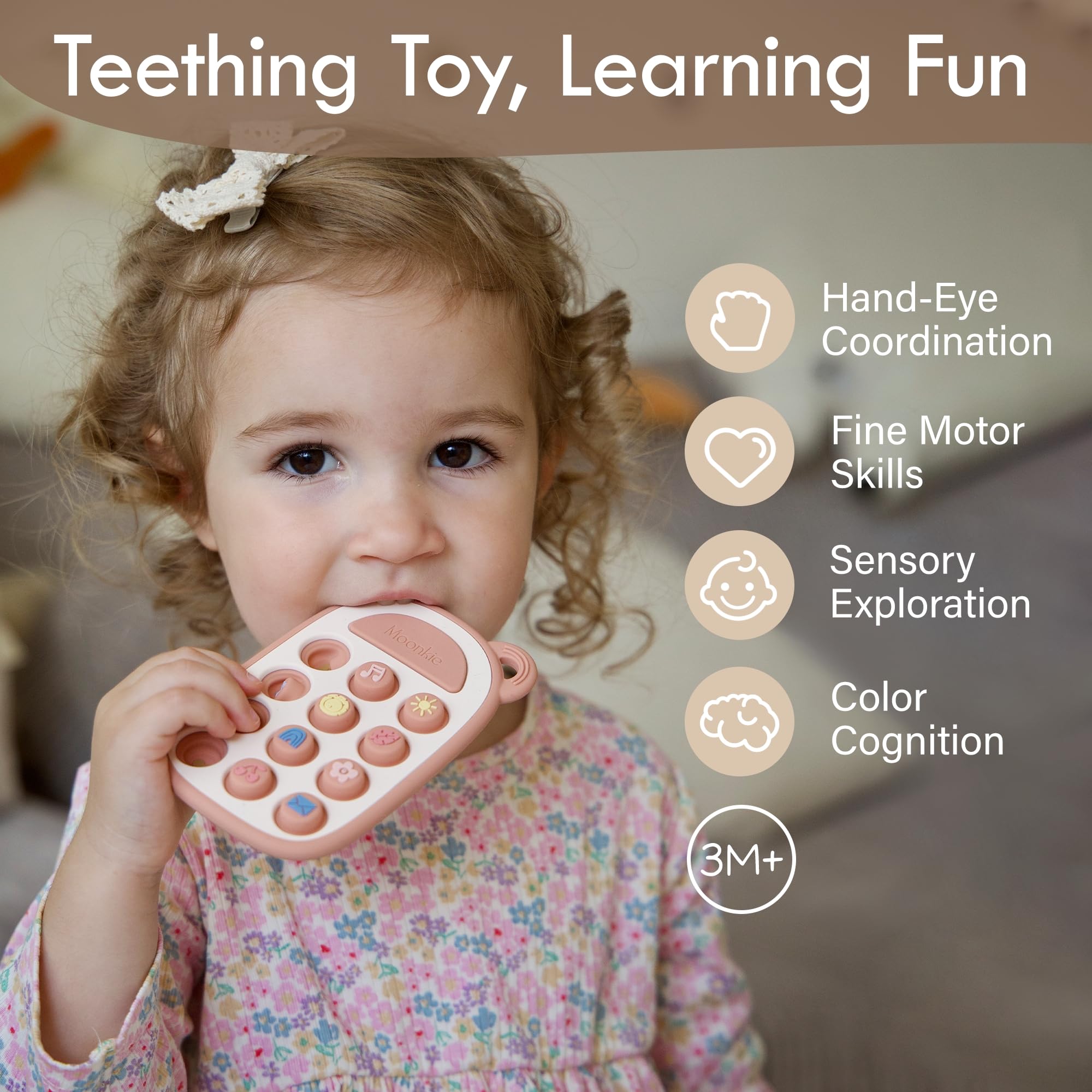 Moonkie Giochi Dentizione Neonato, Telefono in Silicone per 3 Mesi+, Giochi Bambini Pop It, Senza BPA, Giochi Montessori, Massaggia Gengive Neonati, Regalo Neonato Maschio & Femmina(Blush)
