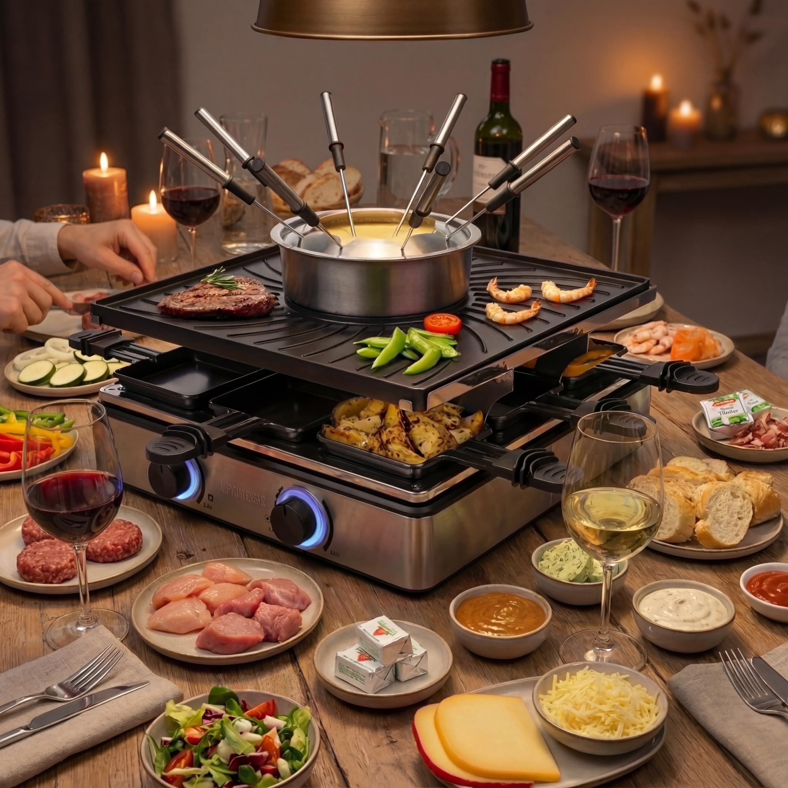 Princess Raclette und Fondue 5-in-1, 8 Personen, Doppelte Thermostate, 1,3 L Fonduetopf, PFAS-frei, Abnehmbare Teile, 31×31 cm Grillplatte, 1800 W, 162670