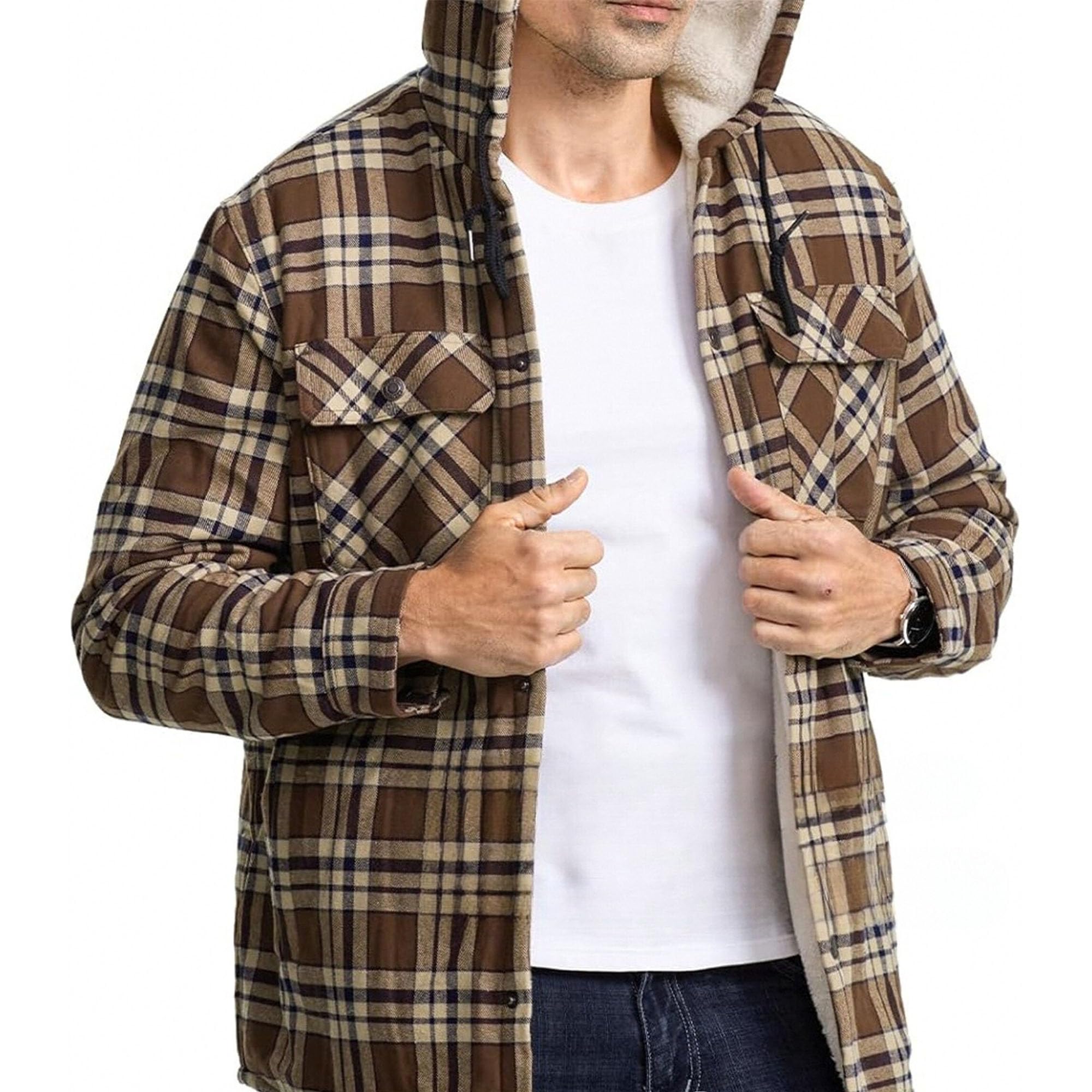 Męska flanelowa koszula termiczna z podszewką sherpa flanelowa miękka ciepła kurtka polarowa w kratę kurtka zapinana na zamek błyskawiczny