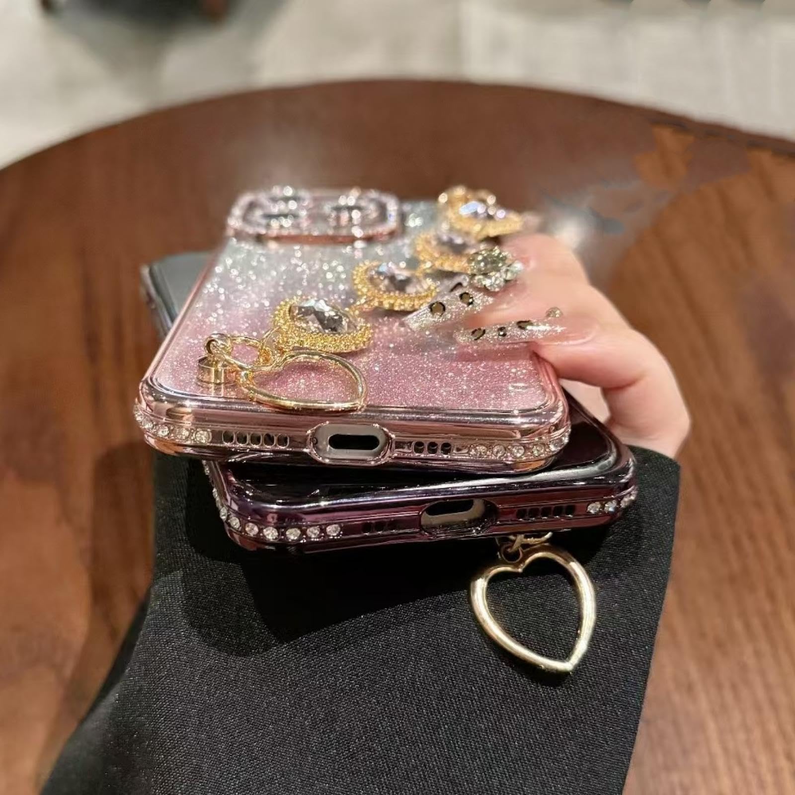 Funda de Pulsera de Lujo con diseño de corazón y Purpurina degradada para iPhone 16 ProMax (para iPhone 16 ProMax/Rosa GS)