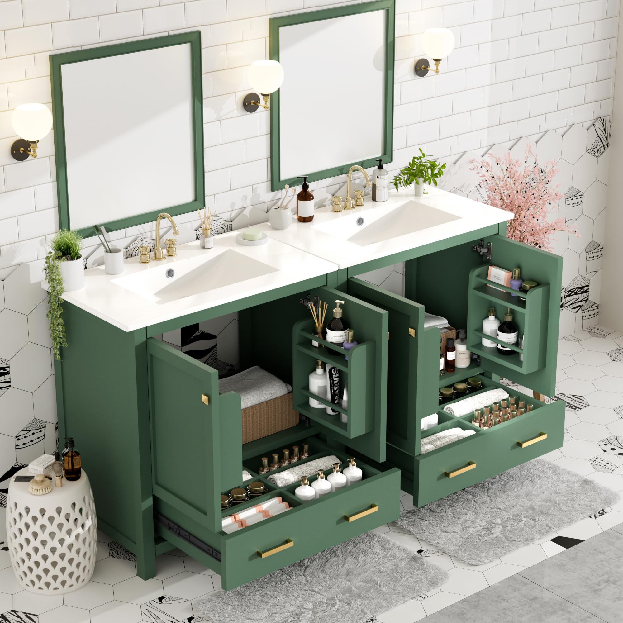 HiHomely 60 Inches Green Double Bathroom Vanity Set with Ceramic Sinks, Storage Shelf & Divided Drawers – Modern Bathroom Solution for Spacious Bathrooms (Mirror Not Included)