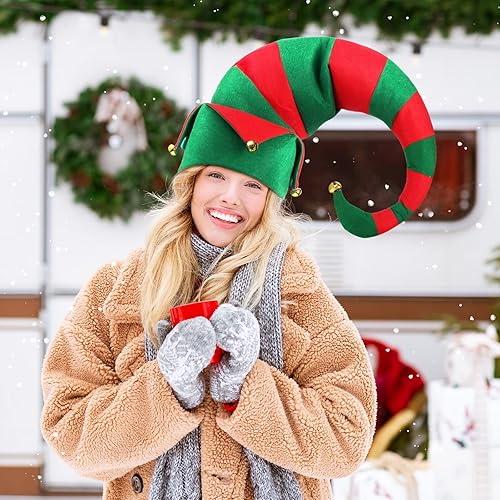 Miniatura 6 de Juego de 4 piezas de disfraz de elfo para mujer, accesorios de Navidad, incluye delantales de elfo, sombrero de fieltro extra largo con campana,