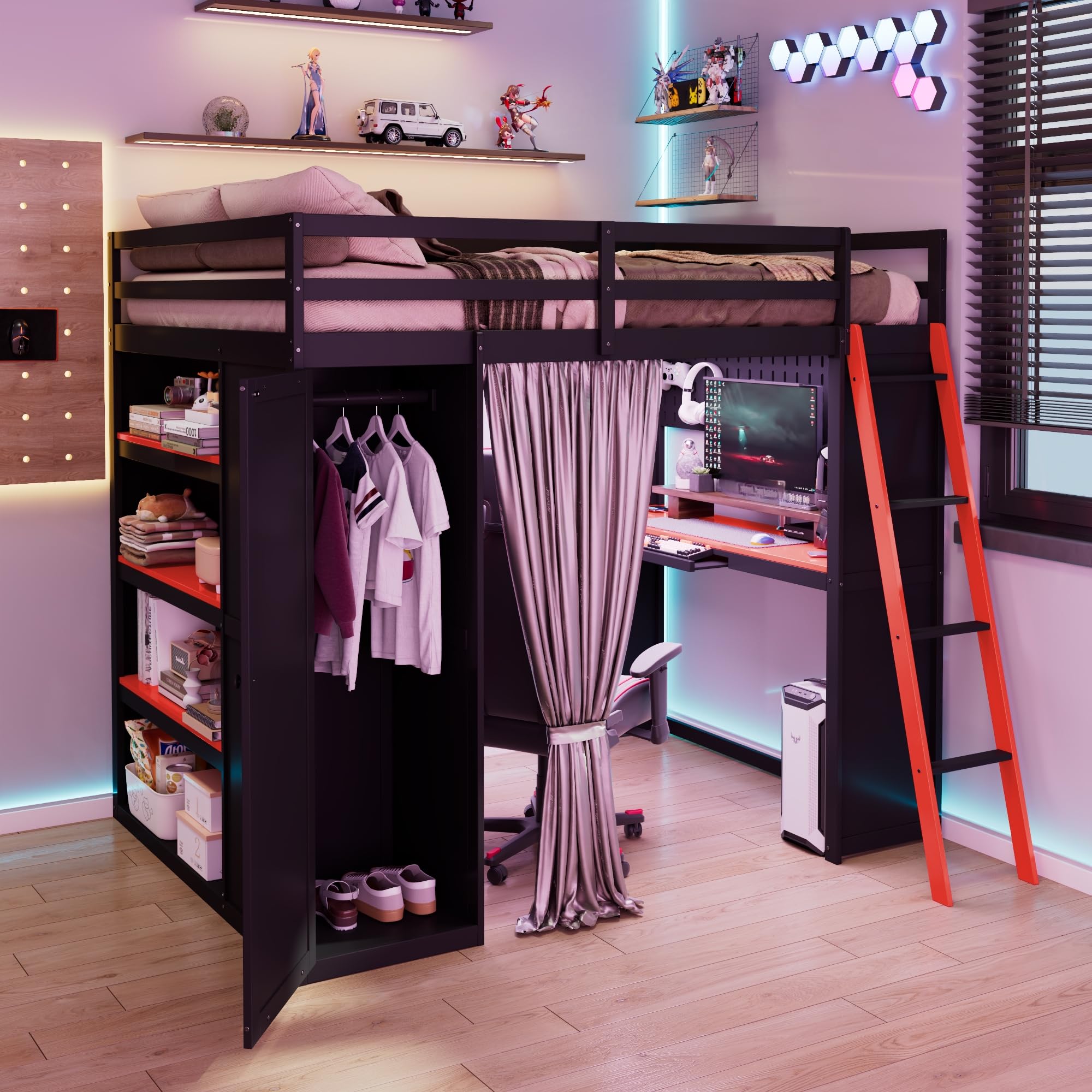 Photo 1 of ***TRUCK/TRAILER PICKUP ONLY*****DAMAGED - SEE NOTES/PICTURES****Merax Full Size Loft Bed with Desk and 6 Storage Shelves, Wardrobe, Blackout Curtain, Solid Wood Gaming Loft Bed Frame with USB Port & RGB Lights, No Box Spring Needed, Space-Saving, Black+R