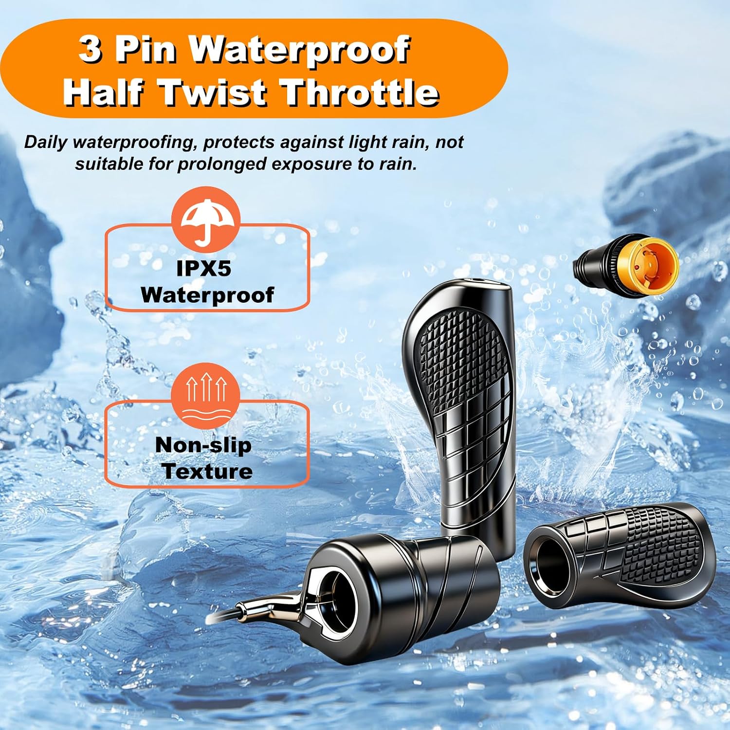 Ebike Half Twist Throttle, 20X Electric Bicycle Right Handle, 12V/24V/36V/48V/60V/72V EBike Throttle for Folding Electric Scooter and Electric Bike Conversion, 3pin Waterproof Plug Throttle for Ebike