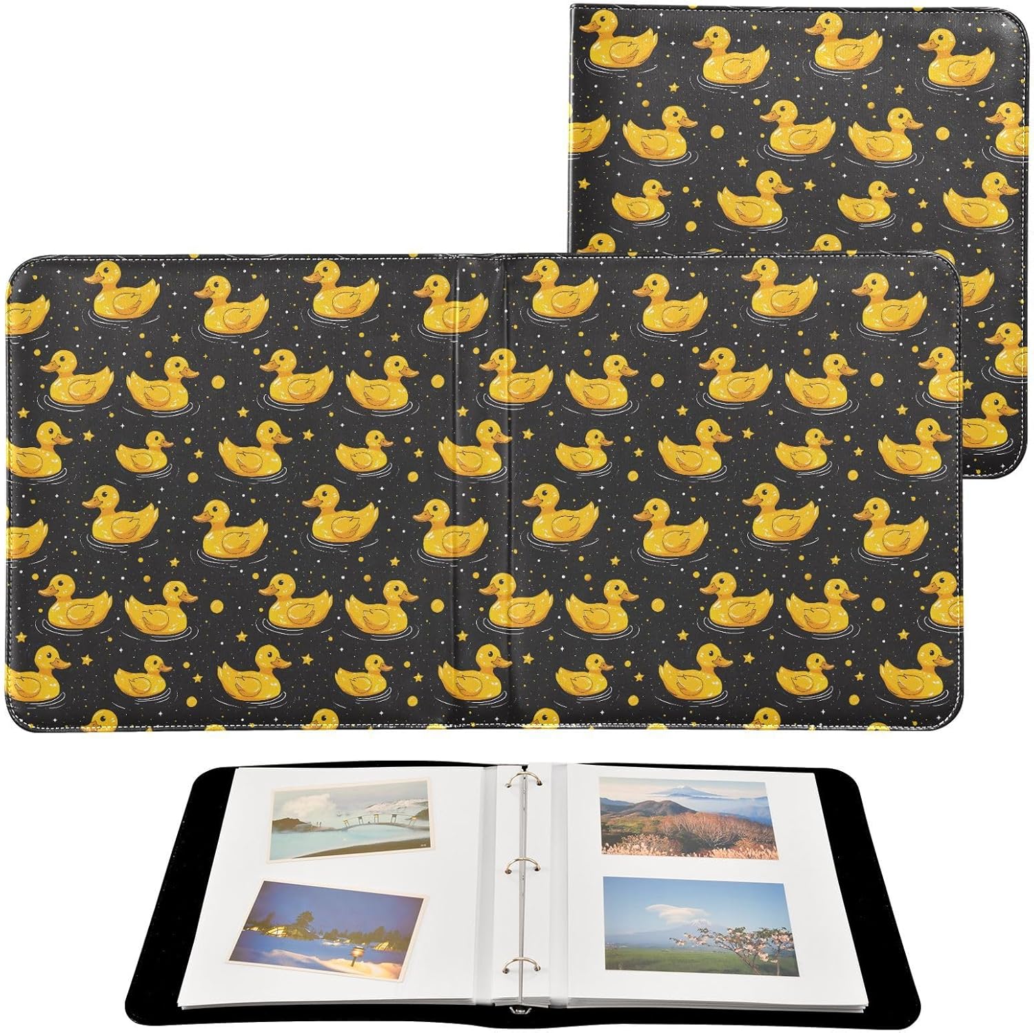 JIPONI Yellow Ducks on Black Background Large Photo Album, DIY Leather Cover Scrapbook Albums for 4x6 5x7 6x8 Pictures, Self Adhesive Memory Book for Wedding, Baby, Family