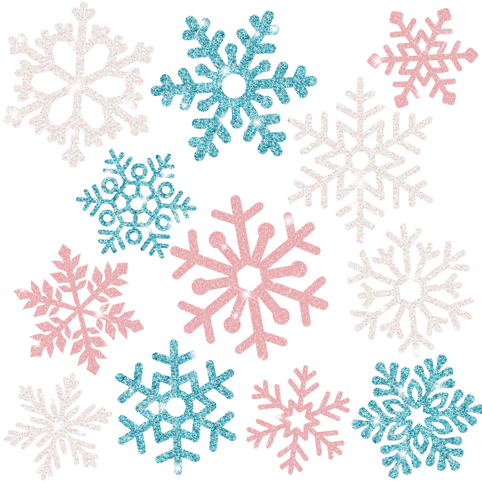 Geyee 96 Pcs Snowflakes Cutouts 12 Styles Glitter Snowflakes Board Cutouts Ornaments with Glue Point Dots for Winter Christmas Wonderland Party Home