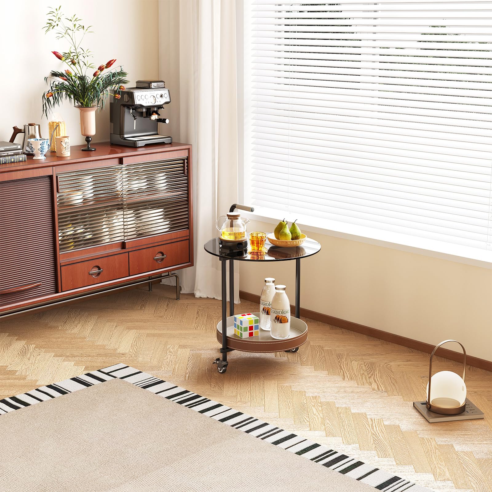 Guyii Mesa auxiliar con ruedas, mesa auxiliar redonda para salón, mesa de cama móvil con ruedas, mesa de sofá con estante, mesa auxiliar moderna (estilo B)