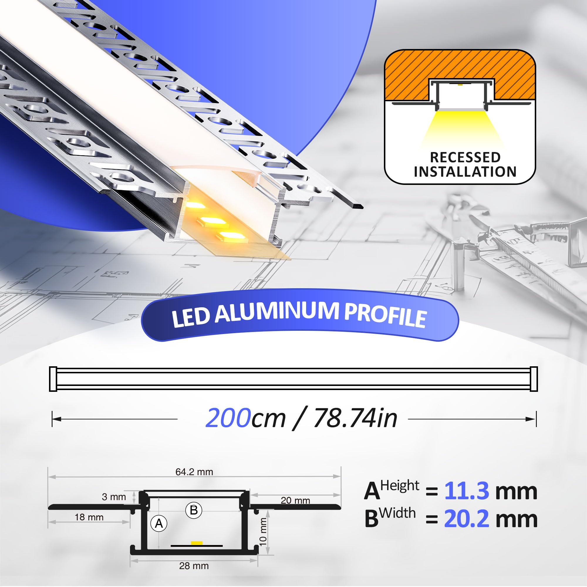 Profilo LED Cartongesso 2m – Profilo alluminio per strisce LED con Diffusore per luce uniforme – Canalina per striscia fino a 20mm per applicazioni versatili (SP44, 30 pezzi (60 m totale))