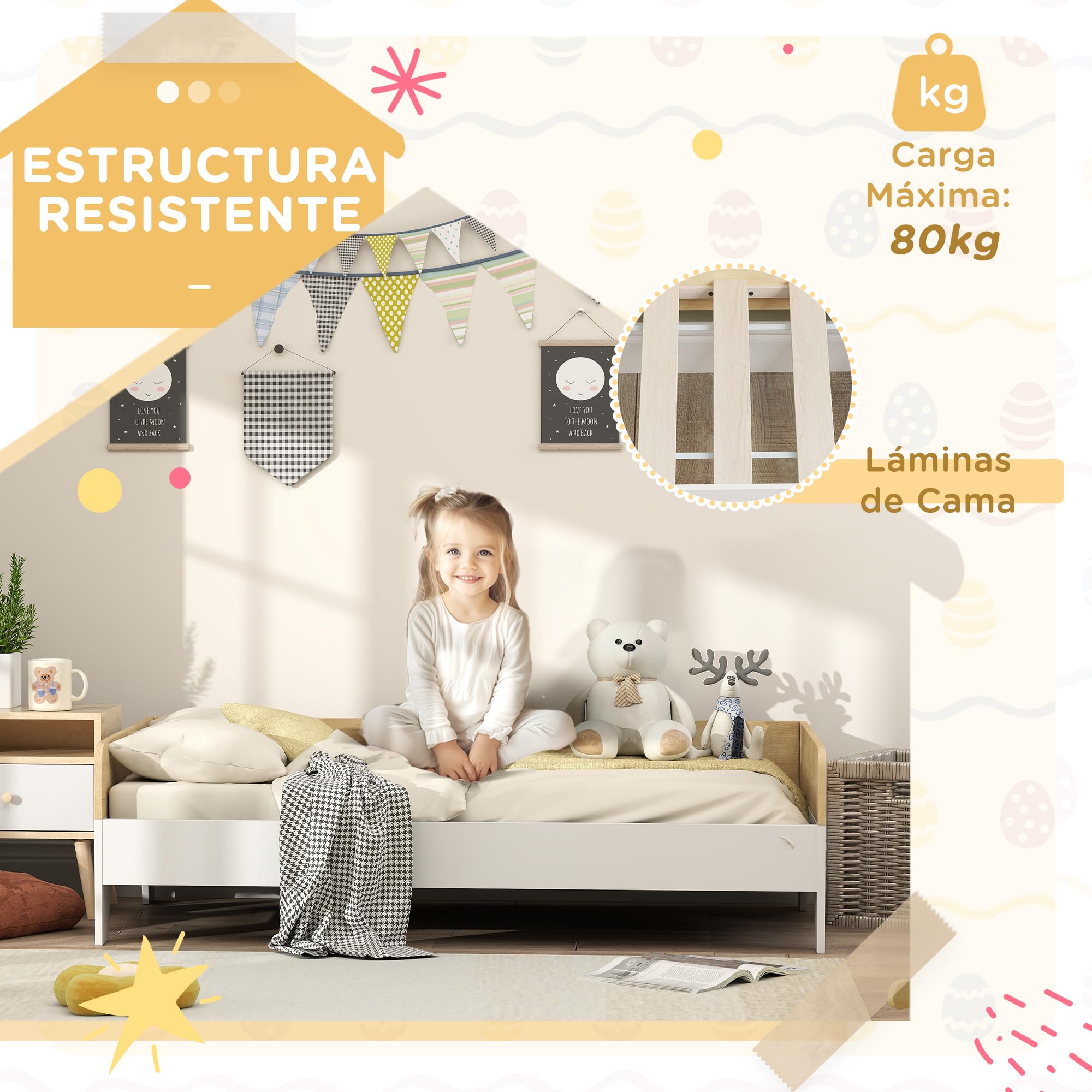 AIYAPLAY Cama para Niños +3 Años Carga 80 kg 140x70 cm Blanco y Natural | Cama Infantil de Madera, para Dormitorio