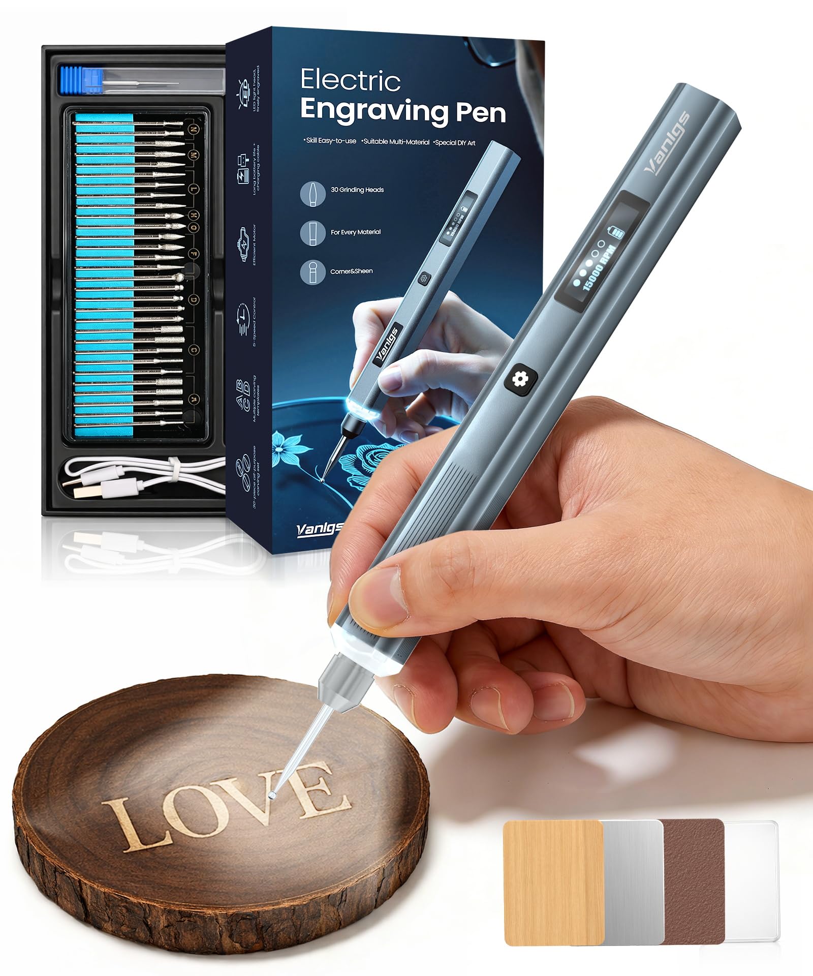 Stylo Graveur Vanlgs Sans Fil Rechargeable, Outil de Gravure pour Bois Métal Verre, Lumière LED, Multi Embouts pour Bijoux et Bricolage