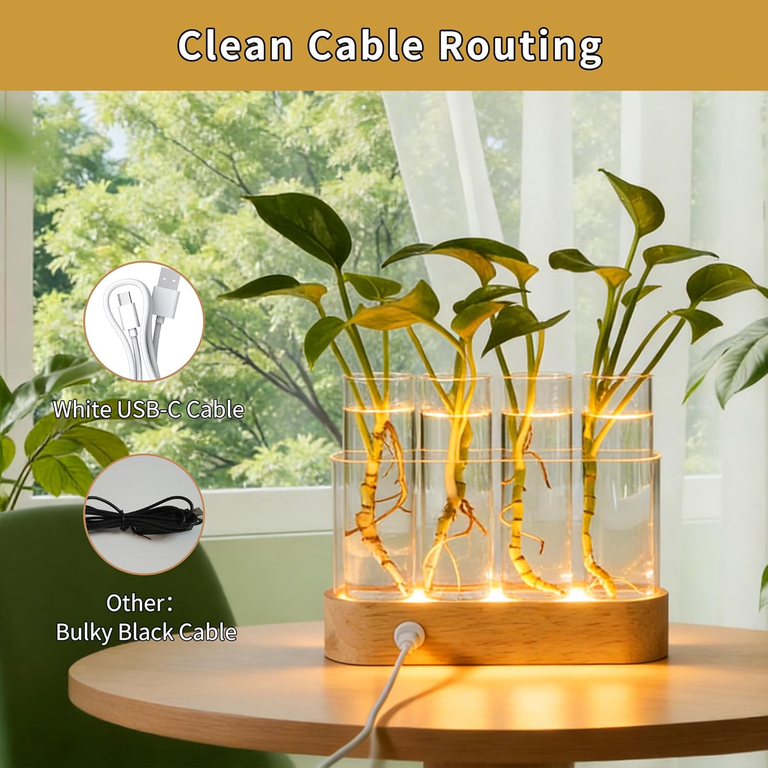 Plant Propagation Station with LED Lights, Wooden Stand, 4 Glass Test Tubes for Hydroponic Plants, 3 Lighting Modes 9 Brightness, Unique Gift for Plant Lovers - Image 4