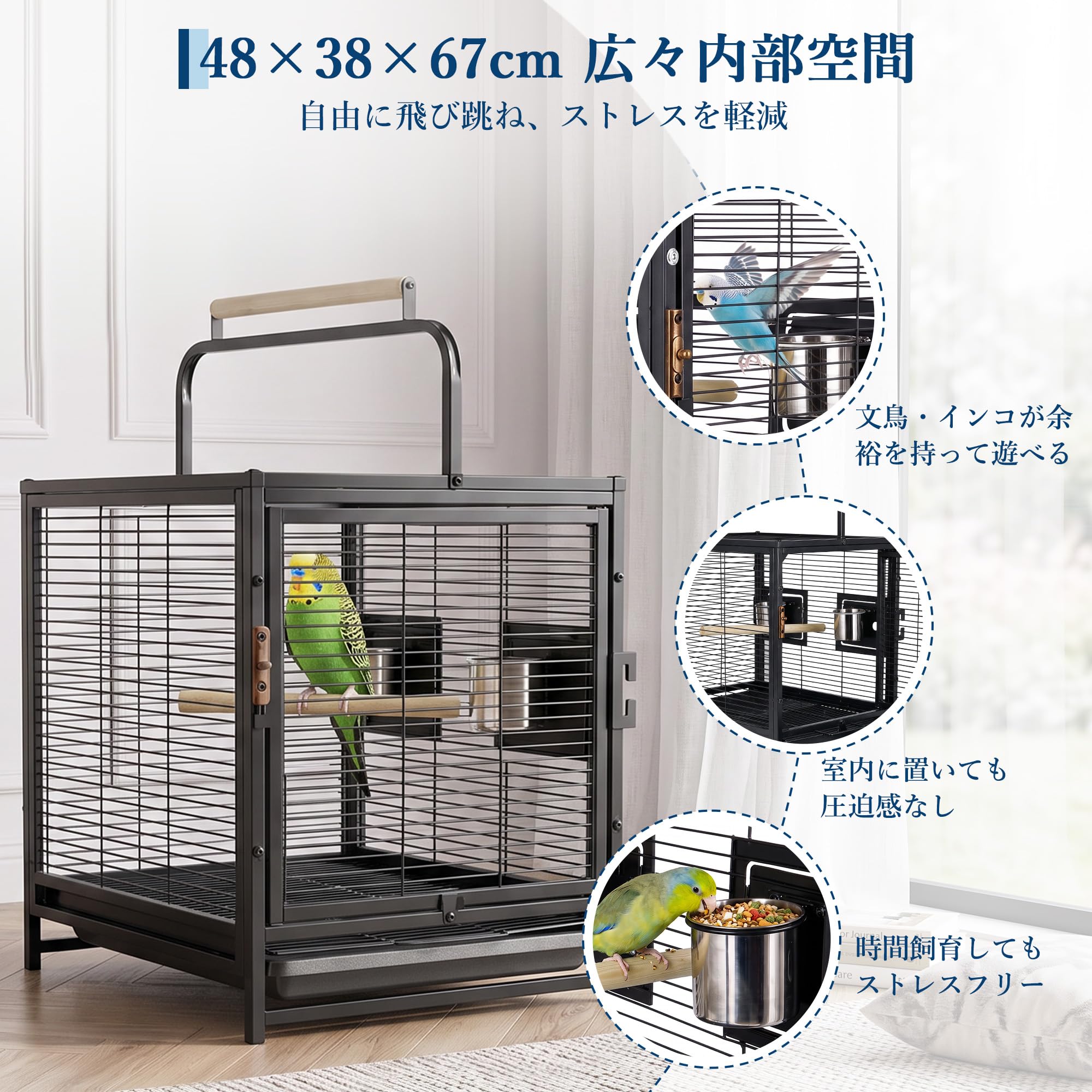 鳥かご バードケージ 中型 炭素鋼 厚手メッシュ 安全ロック 二重トレイ Amazon | ガービー（Garvee）鳥かご バードケージ 中型 炭素鋼 厚手