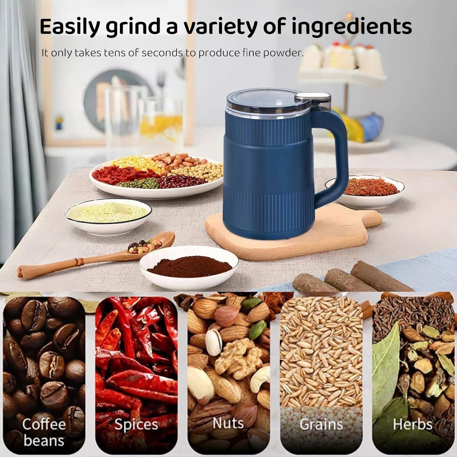 200W Electric Grain Mill Grinder - 8-Blade Stainless Steel Flour & Spice Grinder with Quiet Motor, Overheat Protection & 500ml Capacity for Home Use, White/Blue.