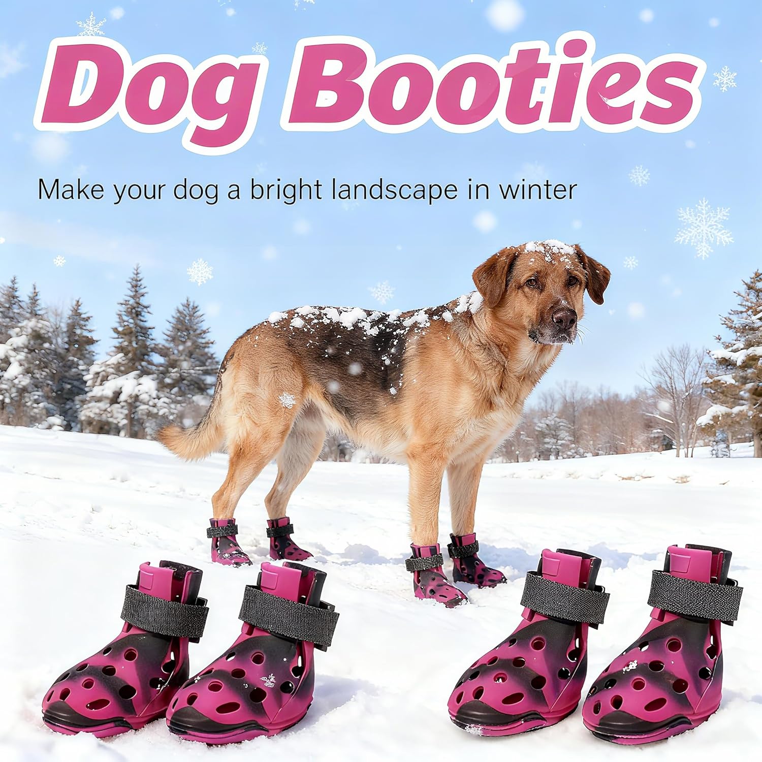 Dog Shoes for Hot Pavement and Snow, Silicone Dog Booties for Small Medium Large Dogs, Waterproof Paw Protectors- Non-Slip, Adjustable Straps, Dog Boots for Beach/Rain/Hiking (Black Pink, L)