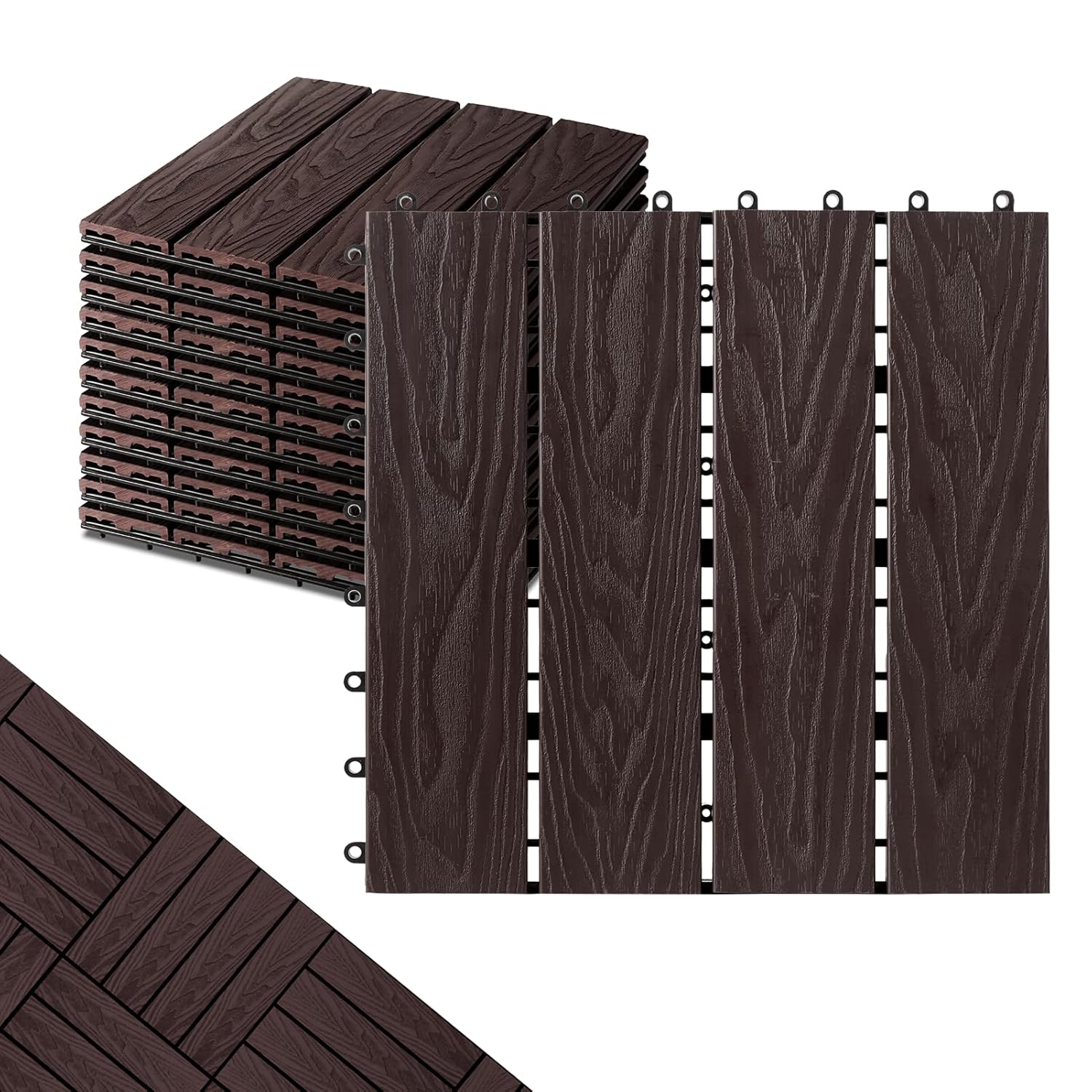 ( incomplete 9 pcs only ) Polymer Composite Interlocking Deck Tiles Outdoor,12x12 Composite Decking Boards for All Weather Use,Waterproof, Poolside,Balcony,Patio(18pcs,Coffee,18 sqft) 12\"x12\" Dark Brown 18