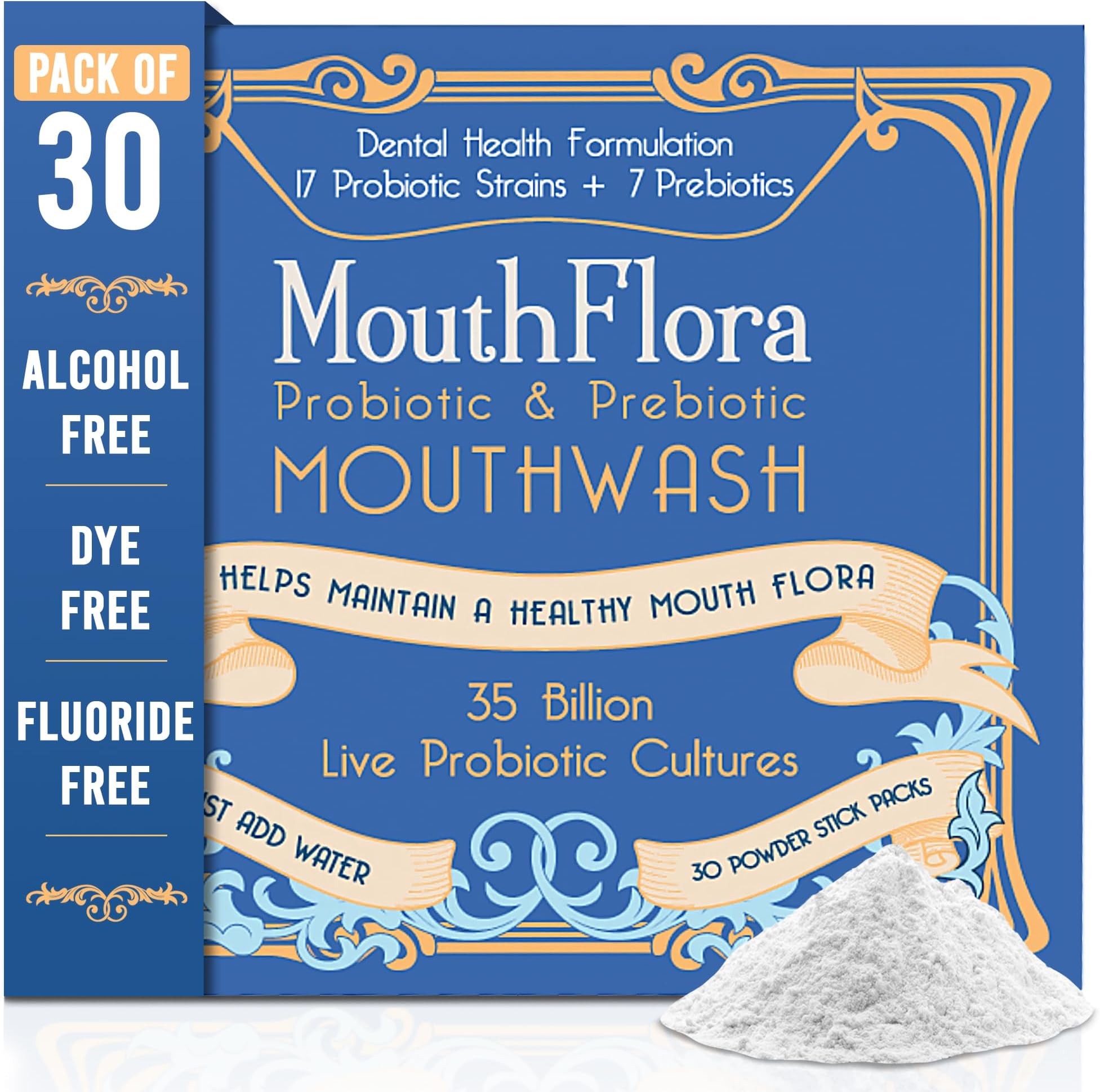 Probiotic & Prebiotic Mouthwash | Dental Health Formulation | 17 Probiotic Strains + 7 Prebiotics | 35 Billion CFUs | Concentrated Powder Formulation | 30 Pack