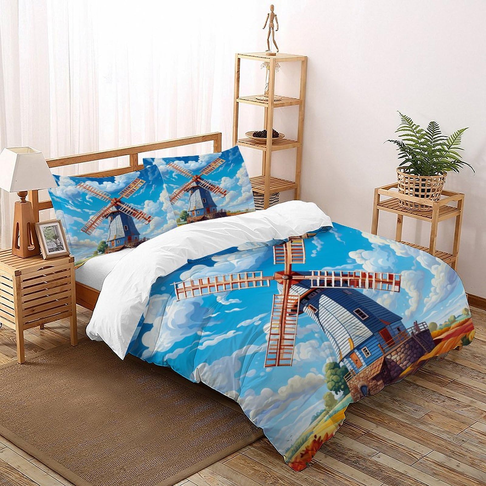 Housse de couette 260x220 moulin à vent linge de lit microfibre adulte 3 pièces 3D