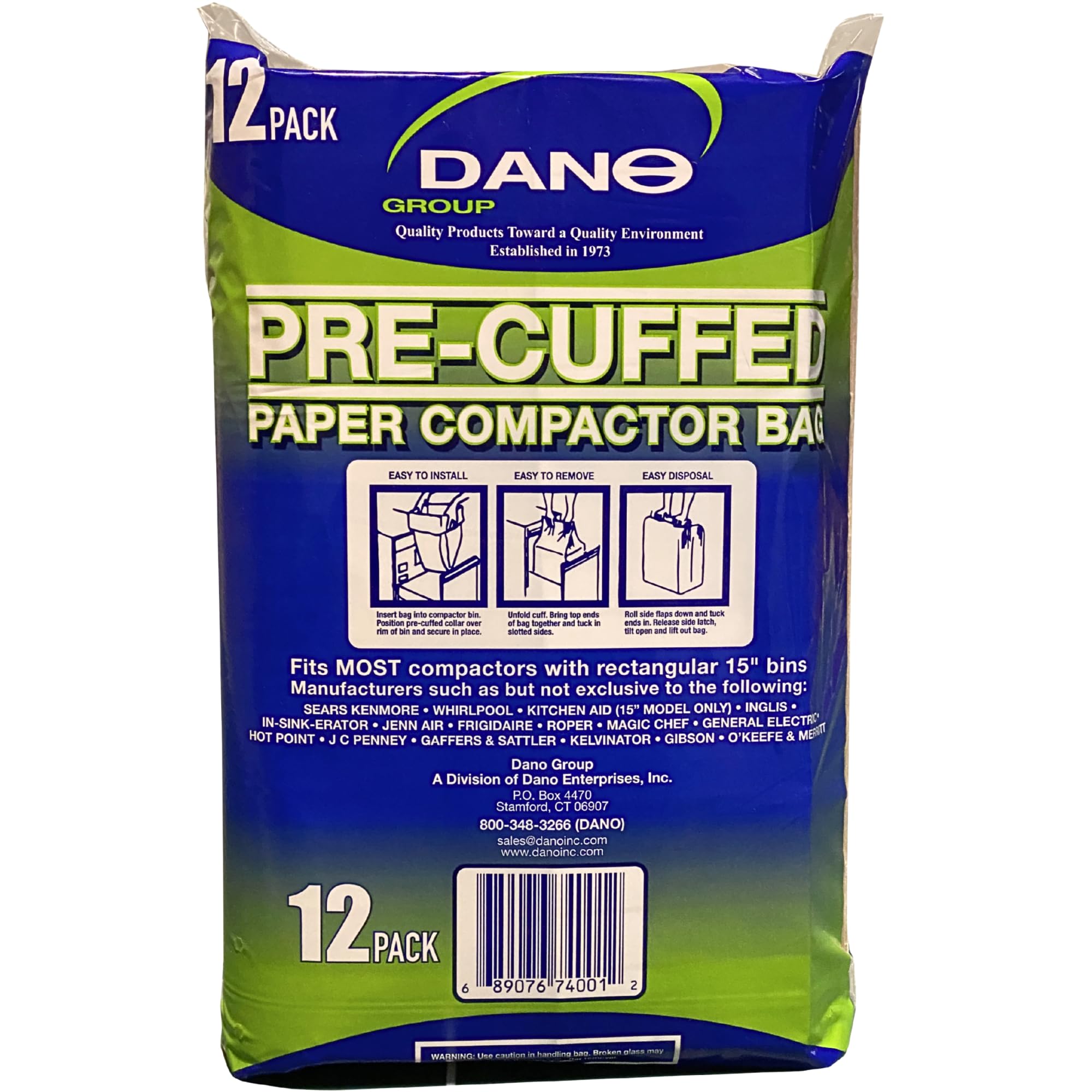 Dano Pre-Cuffed Compactor Bags (12 Pack) - Precuffed, Garbage Compactor, Kitchen Lining, Hardware for Home Use, Durable Material, Kitchen Essential, Paper & Plastic Lined Bags
