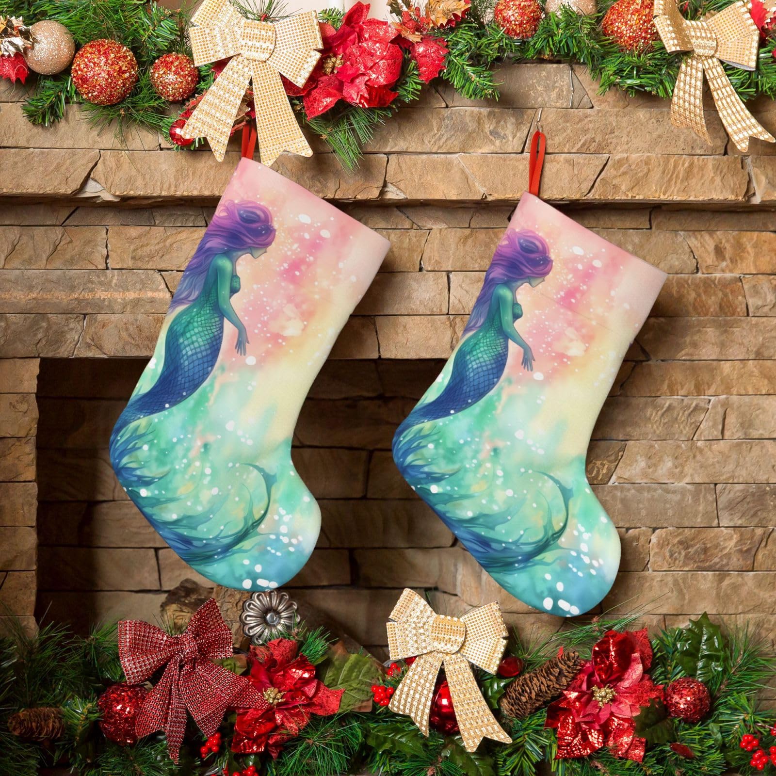 KLOPH Christmas Stockings 18" Personalized Xmas Stocking Beautiful Mermaid Tail Decoration Stocking Hanging Fireplace Stocking for Holiday Xmas Tree Christmas Fireplace Decor