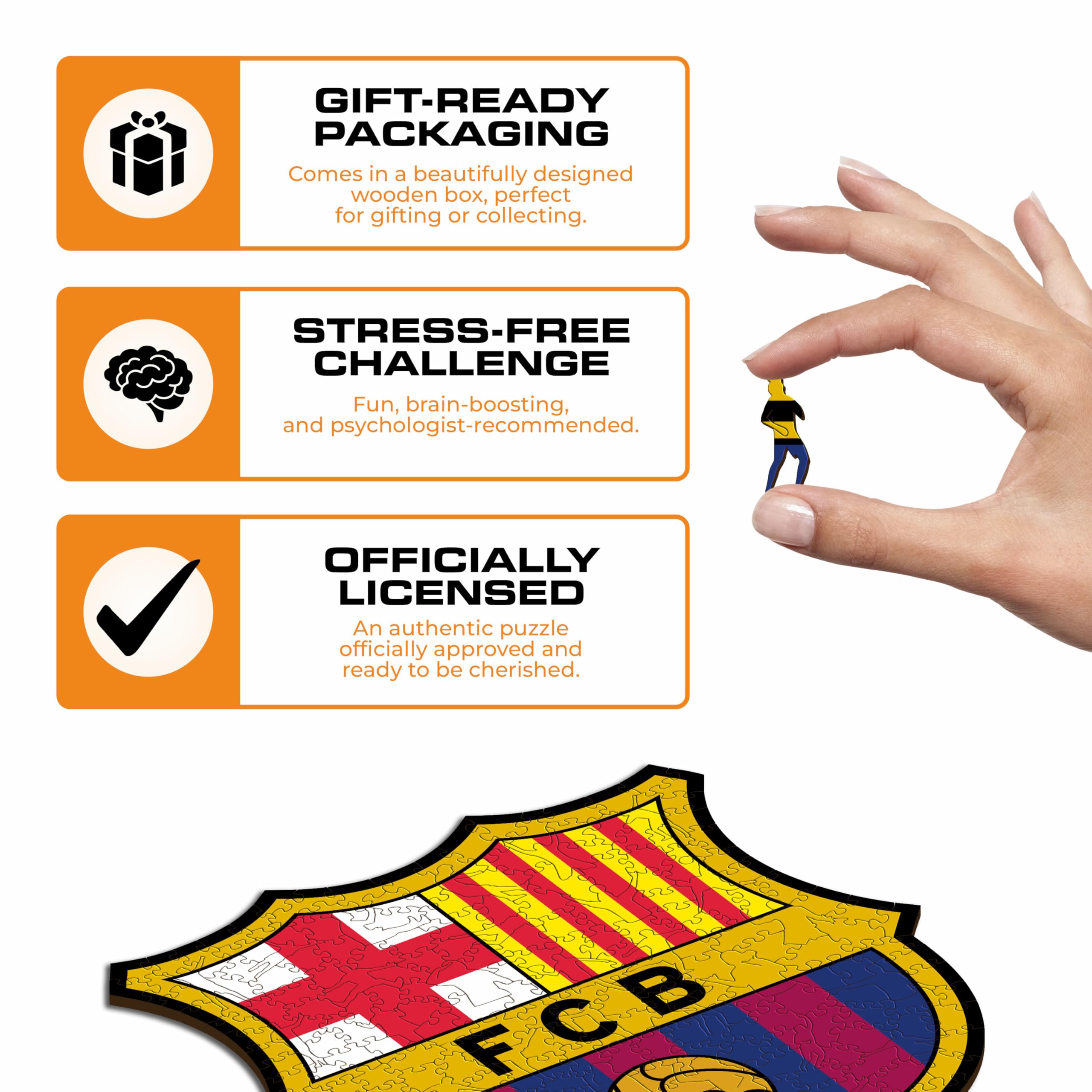 Iconic Puzzles Barcelona Logo – Offizielles Holz-Puzzle – 500 Teile – 100% Nachhaltiges Holz – 0,3 Cm Dick – Einzigartige Teilformen Mit Fußball-Motiven – Lebendige Farben – Inklusive Holzbox – Ideal Für Fans Von Barcelona Ab 14 Jahren