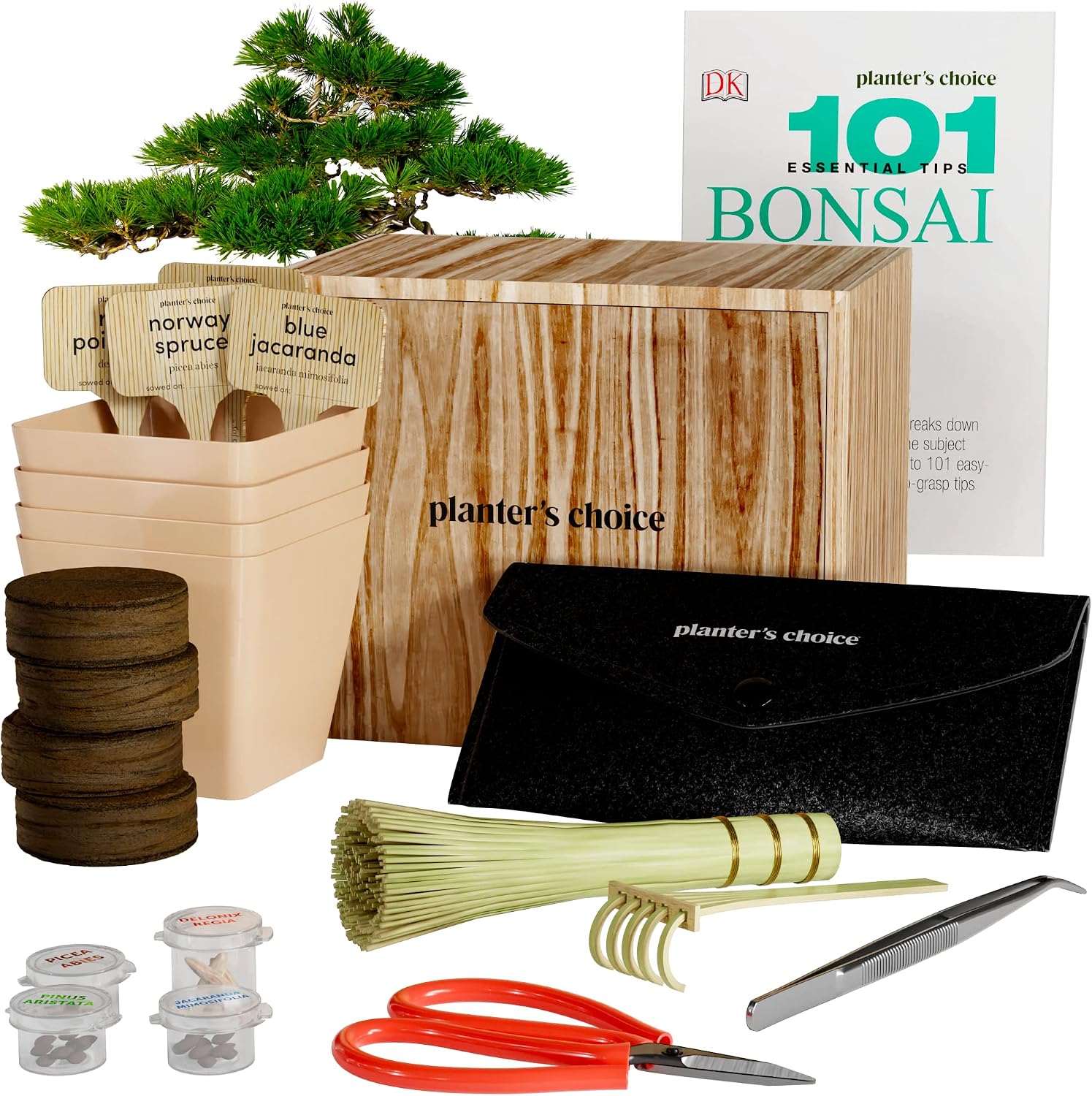All-in-One Premium Bonsai Tree Kit + 101 Essential Tips Book and Complete Tool kit - in Unique Wooden Gift Box - Easily Grow 4 Trees from Seed - Bonsai Planting Starter Kit - Gardening Gifts
