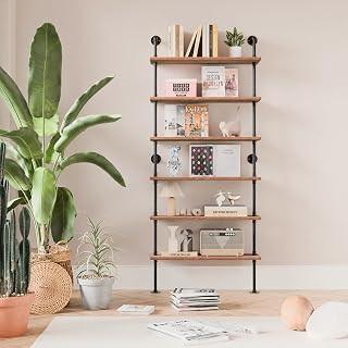 6 Tier Industrial Ladder Shelf Bookcase, Wall Mounted Rustic Bookshelf, Retro Wood Metal Pipe Industrial Shelves for Living Room Decor and Storage (Weathered Brown, 36" L x 10" W x 82.5" H)