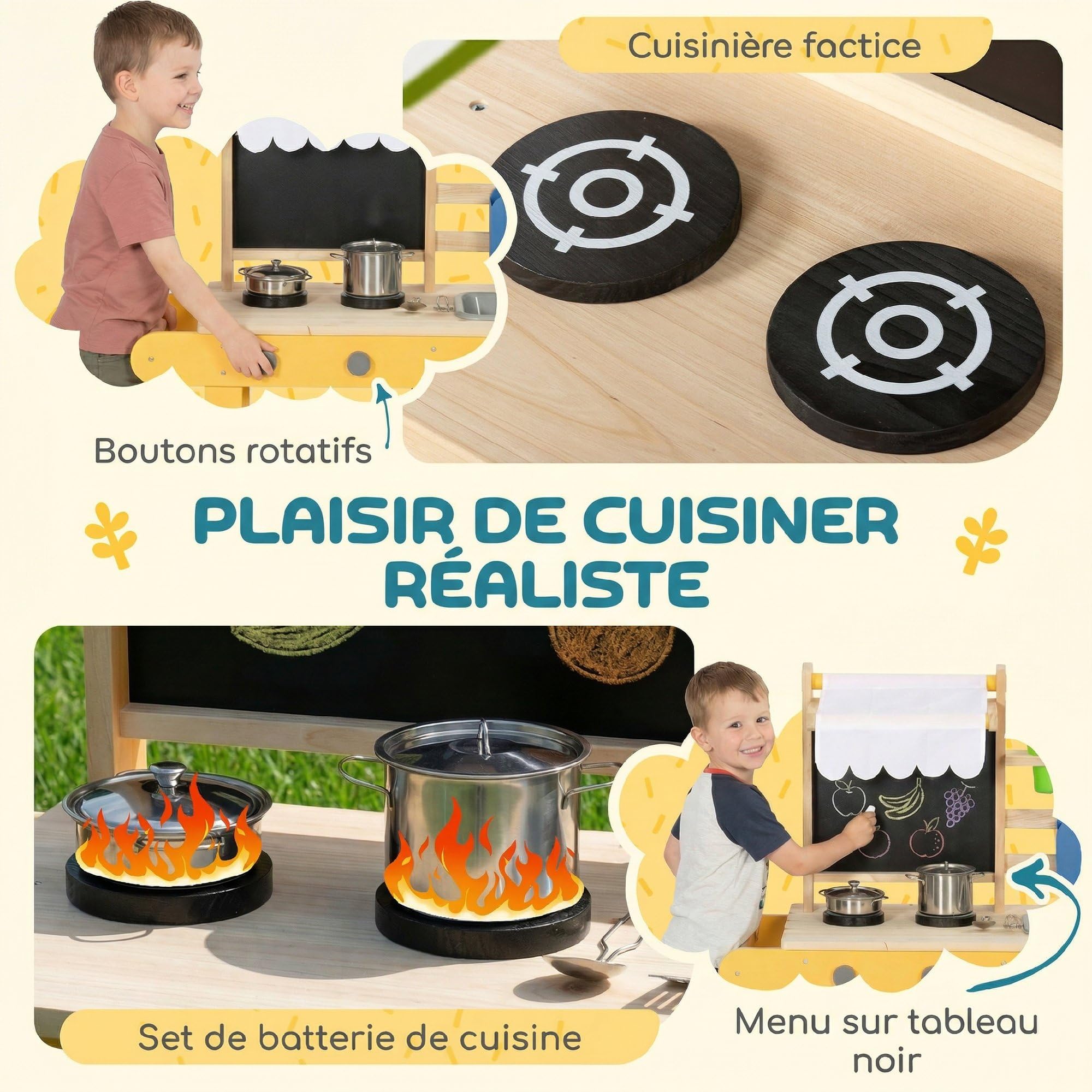 AIYAPLAY Cuisine Enfant en Bois avec roulettes, Cuisine Enfant Exterieur avec Eau Courante, Évier, Plaque de Cuisson, Étagère de Rangement, Pots de Plantation, Tableau, 15 Accessoires, Jaune