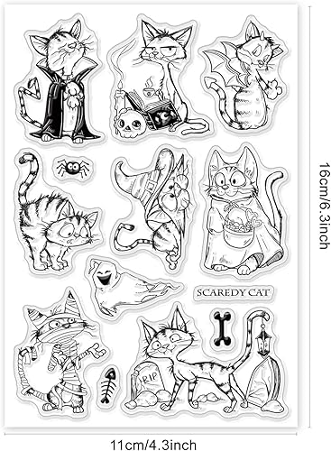 Miniatura 5 de INFUNLY Sello transparente de gato de Halloween, sello de silicona de gato negro para hacer tarjetas, fantasma, sello de goma transparente para