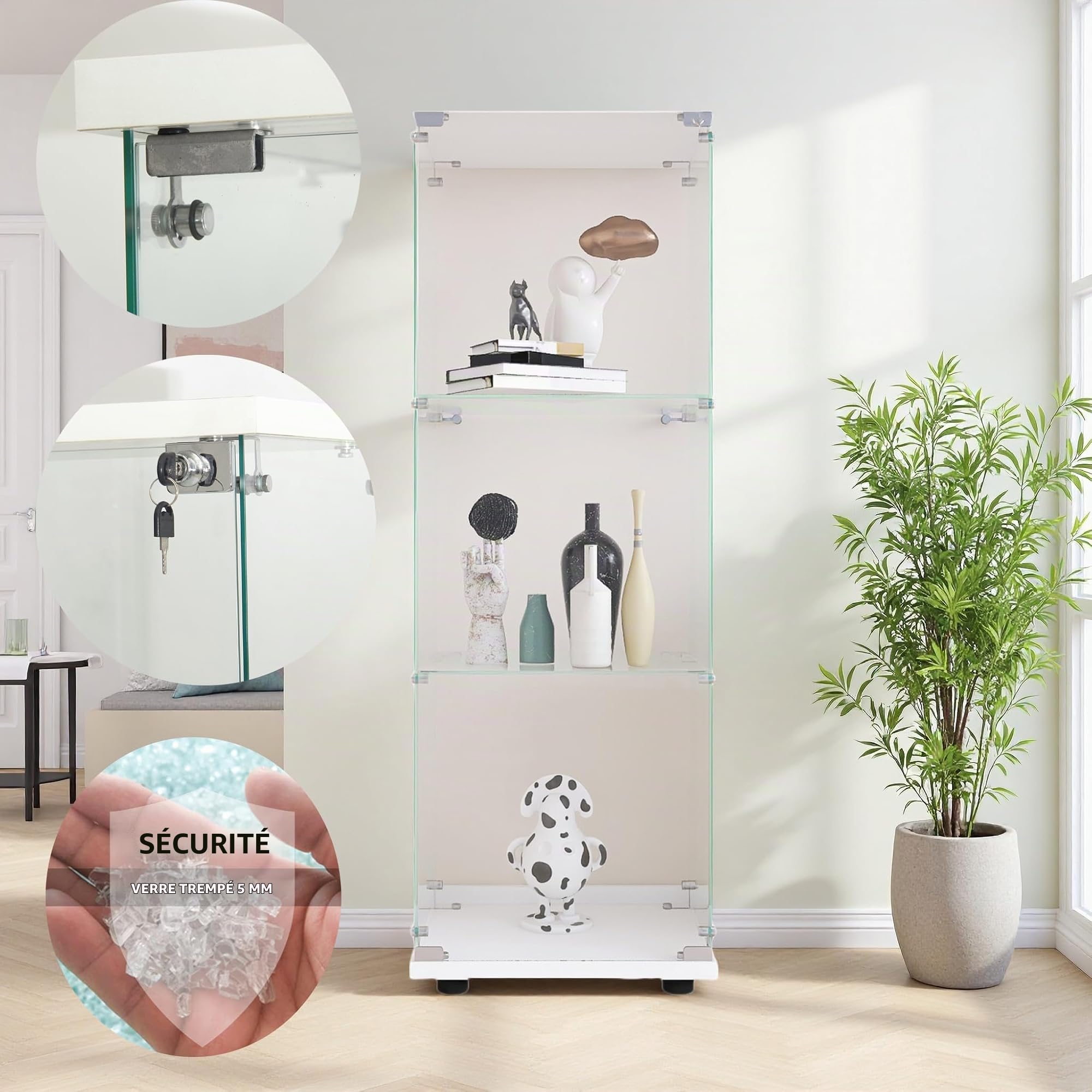 Vitrine en Verre Debout 36x42x125cm, Armoire de Rangement en Verre sur Pied, 3 Étagères, Vitrine pour Collection avec 1 Portes et Serrure, pour Bar, Cuisine et Salon (Blanc)