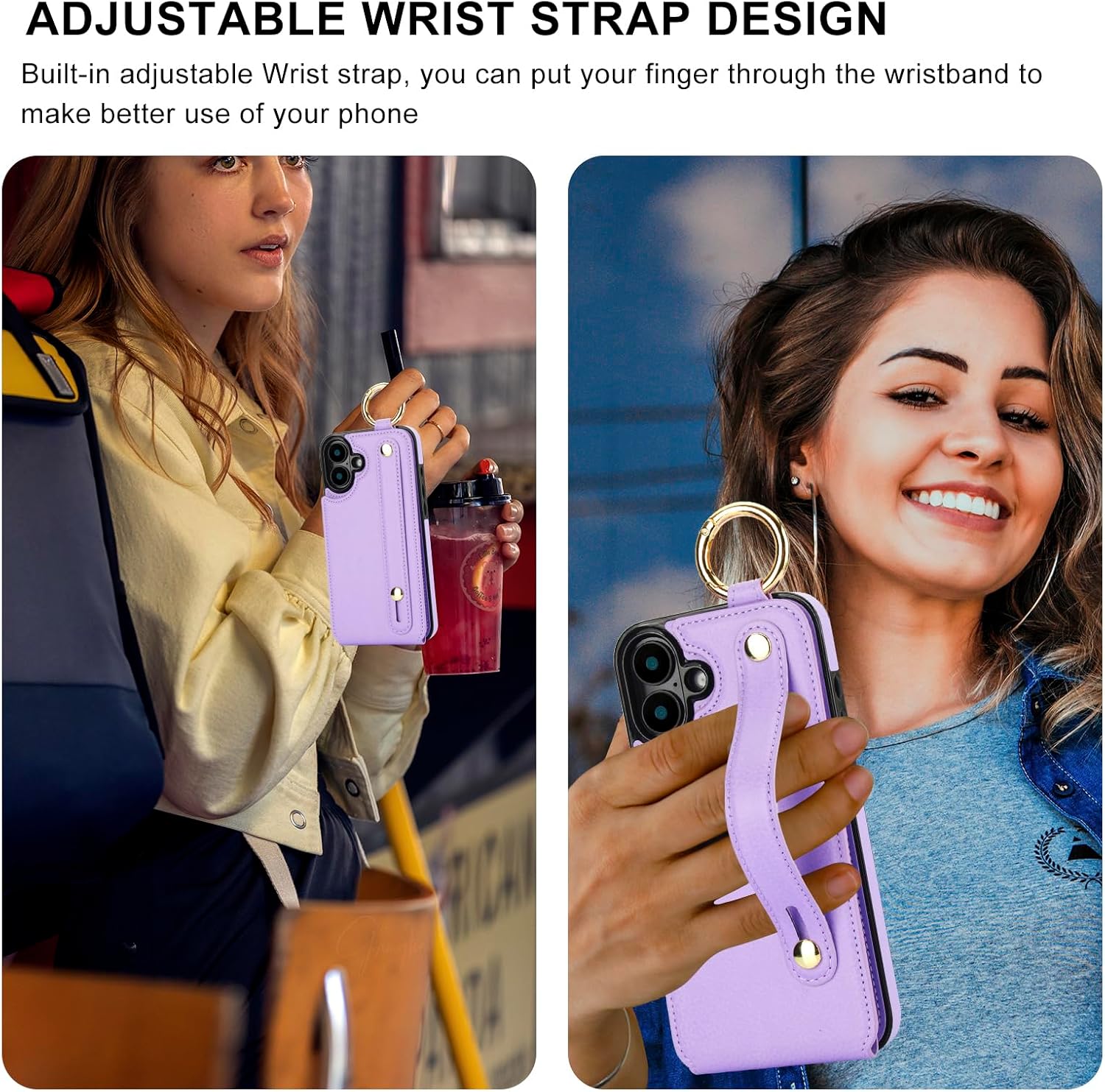 Folosu for iPhone 16 Plus Wallet Case with Card Holder, Hand Wrist Strap Loop Holder Kickstand, RFID Blocking Finger Grip Ring PU Leather Double Buttons Shockproof Cover 6.7" Purple