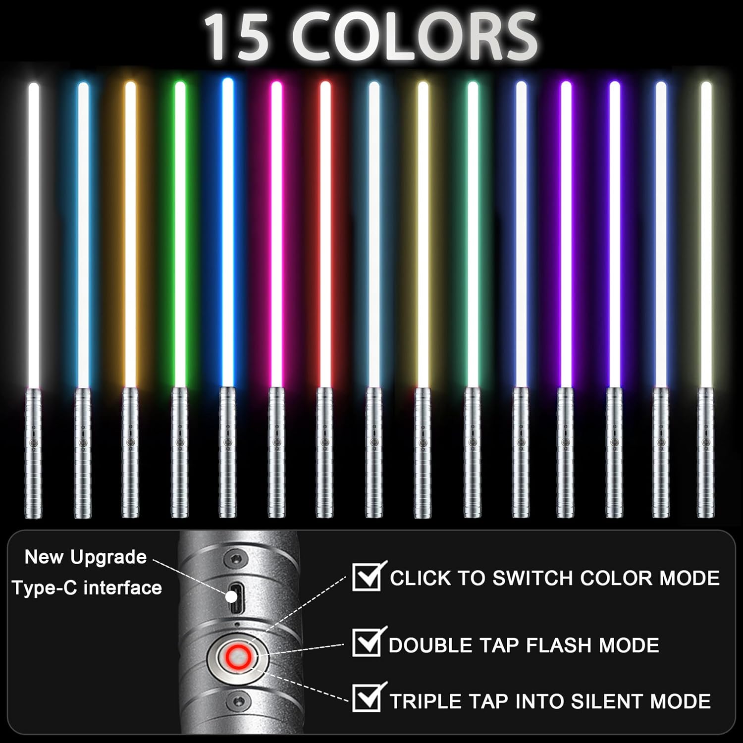 Oomyeh Lightsaber Kids Toy Alloy Hilt Update 15 Colors with 3 Modes Type-C Rechargeable 2 in 1 Dueling Light Saber for Kids and Adults Children's Day (2 Pack Silver) 15 Colors Silver