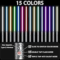 Vista 14 de Sable de luz 2 en 1 con mango de aleación de duelo, 15 colores RGB con 4 modos, 6 efectos de sonido, sable de luz desmontable recargable por USB, 15