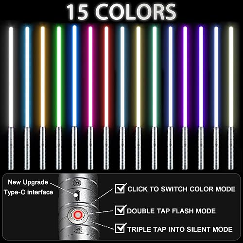 Miniatura 14 de Sable de luz 2 en 1 con mango de aleación de duelo, 15 colores RGB con 4 modos, 6 efectos de sonido, sable de luz desmontable recargable por USB, 15