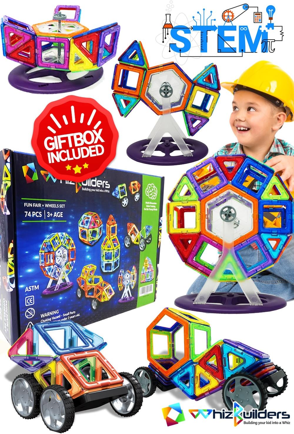 Magnetic Building Blocks Toys Set - Tiles Block Toy Kit for Kids - STEM Educational Construction Stacking Shapes - Ferris Wheel and Vehicle Set - 74 pieces