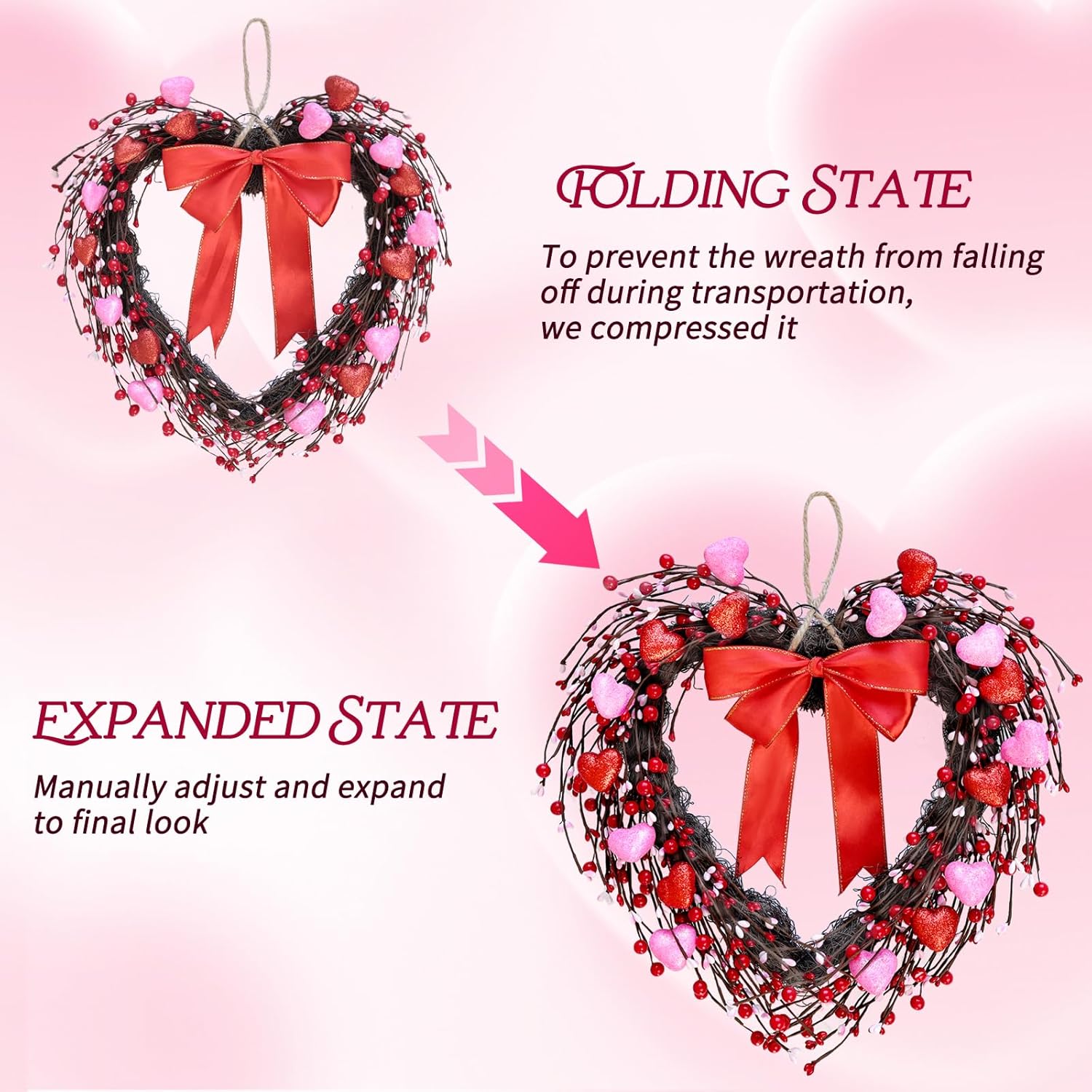 Valentines Decor - 17 Inch Valentines Day Wreath, Lighted Heart Shaped Wreath with Bow, Pink & Red Hearts, Berries for Front Door Home Indoor Outside Windows Wall Party Festival Decor - Image 6