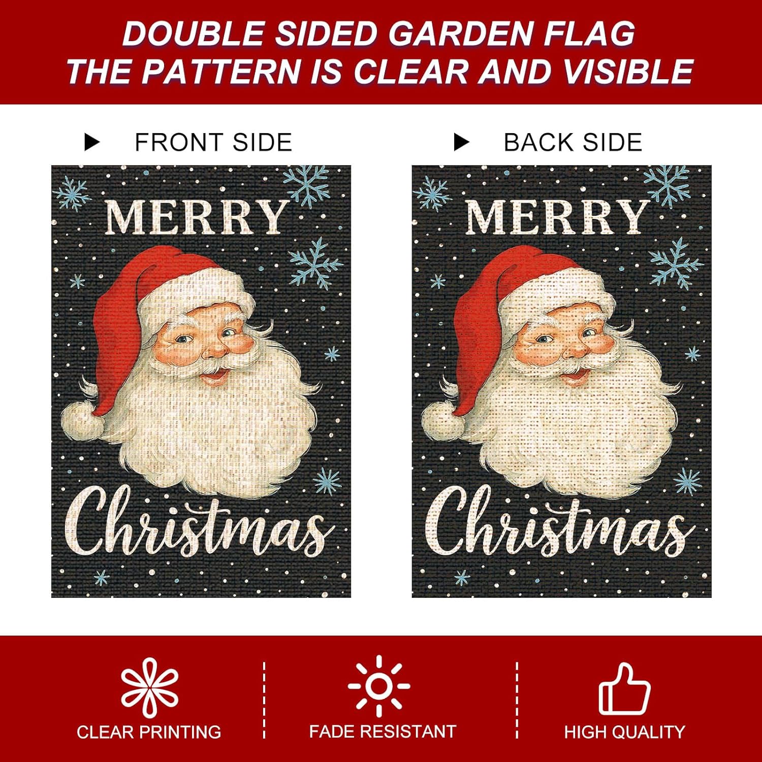 IVN Merry Christmas Santa Claus Garden Flag 12x18 Inch Double Sided Small Burlap Holiday Black Yard Flag for Outside Winter Xmas Decor - Image 7