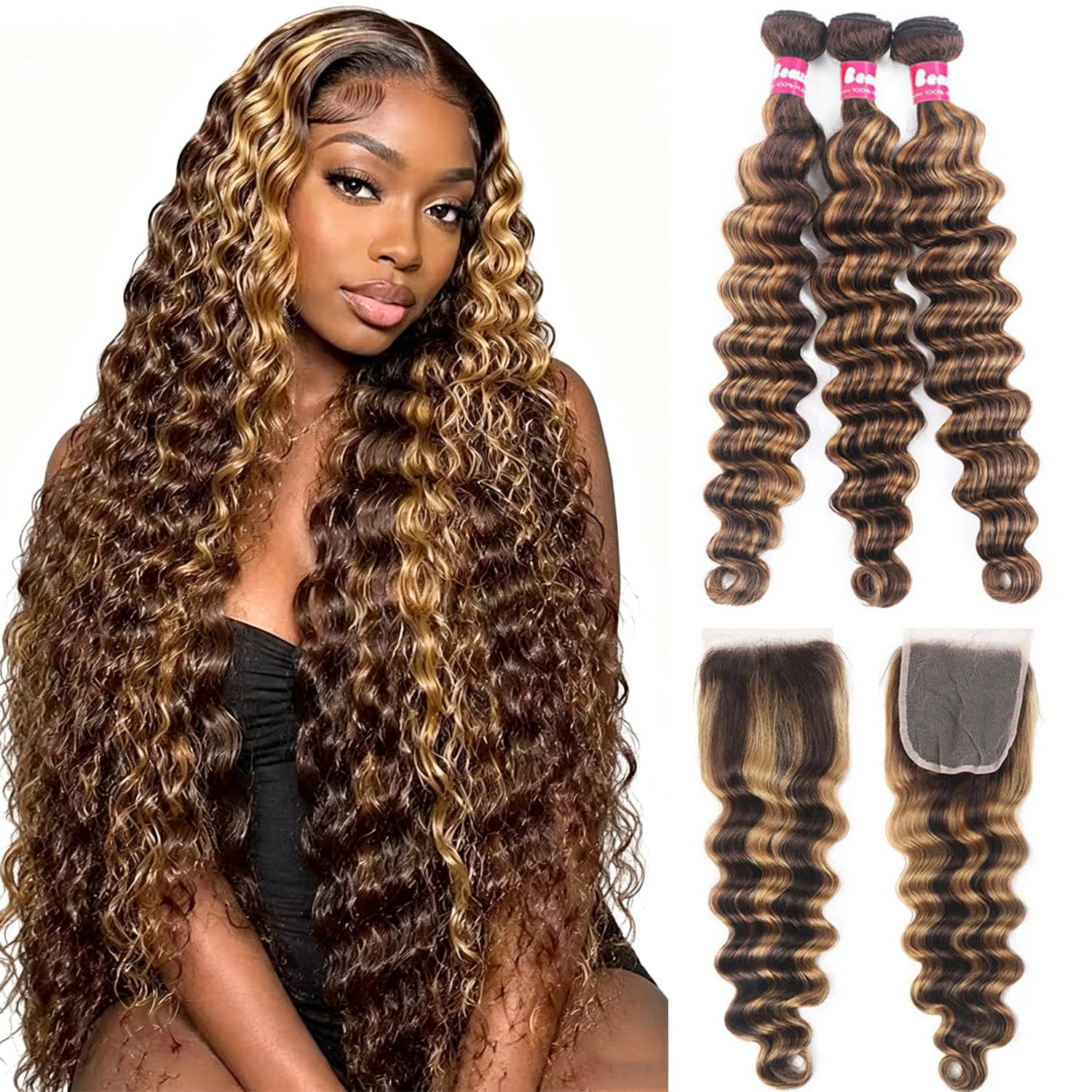 10A Human Hair Loose Deep Wave Bundles with 4x4 Closure