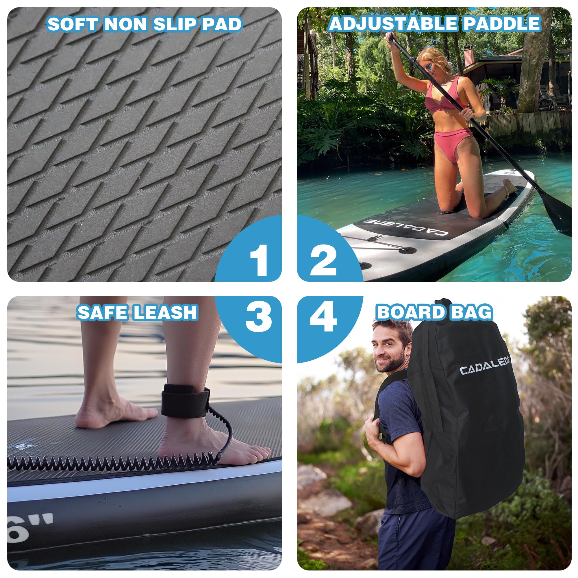 CADALENE Inflatable Stand Up Paddle Board with SUP Accessories, Inflatable Paddle Board for Adults & Youth of All Skill Levels, Adjustable Paddle, Hand Pump, Leash, Nonslip Deck, Repair Kit