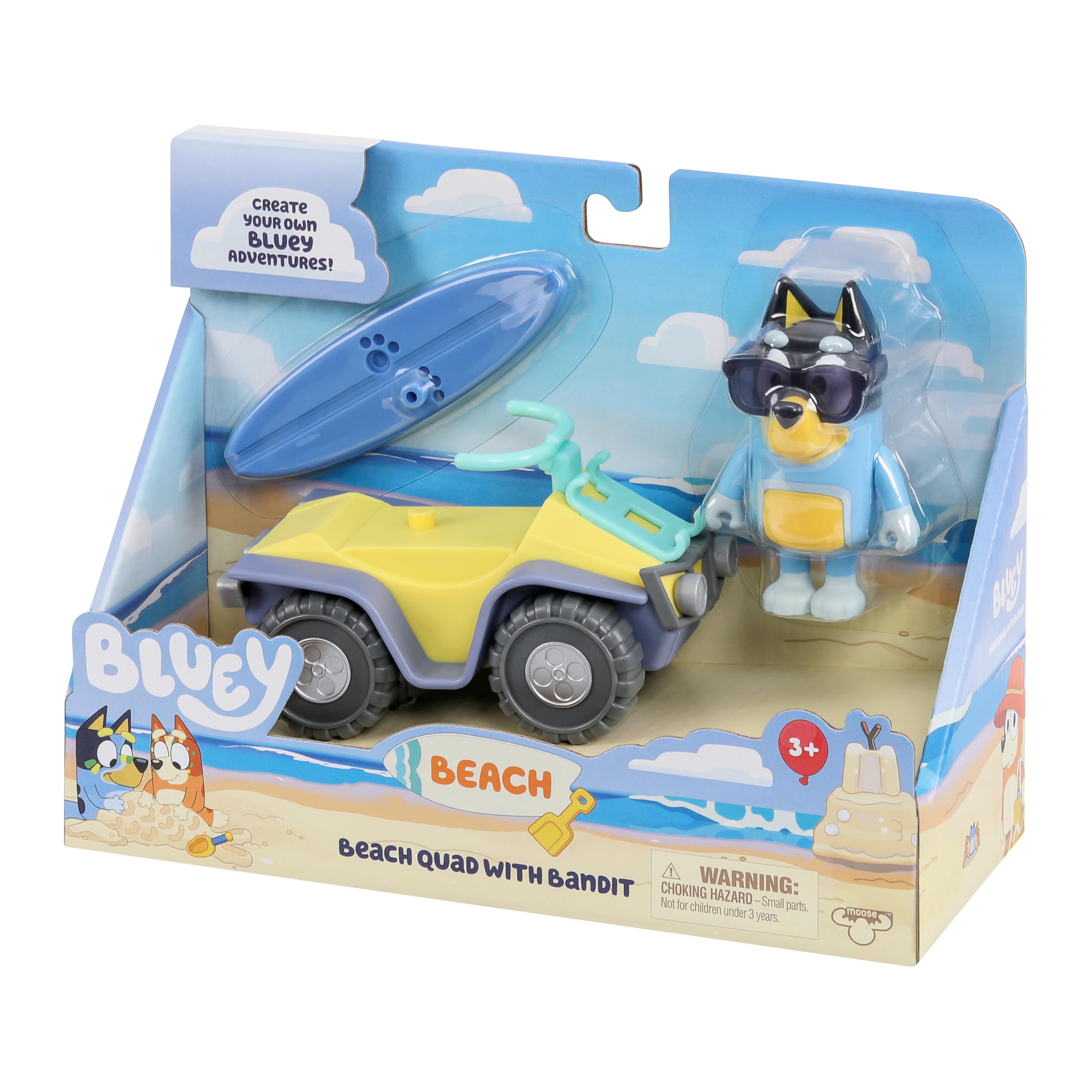 Bandit Surf Beach Toy Set, Exclusive 3" Poseable Bandit Figure Beach Toy Kit with Sunglasses, Quad Bike & Surfboard Accessories