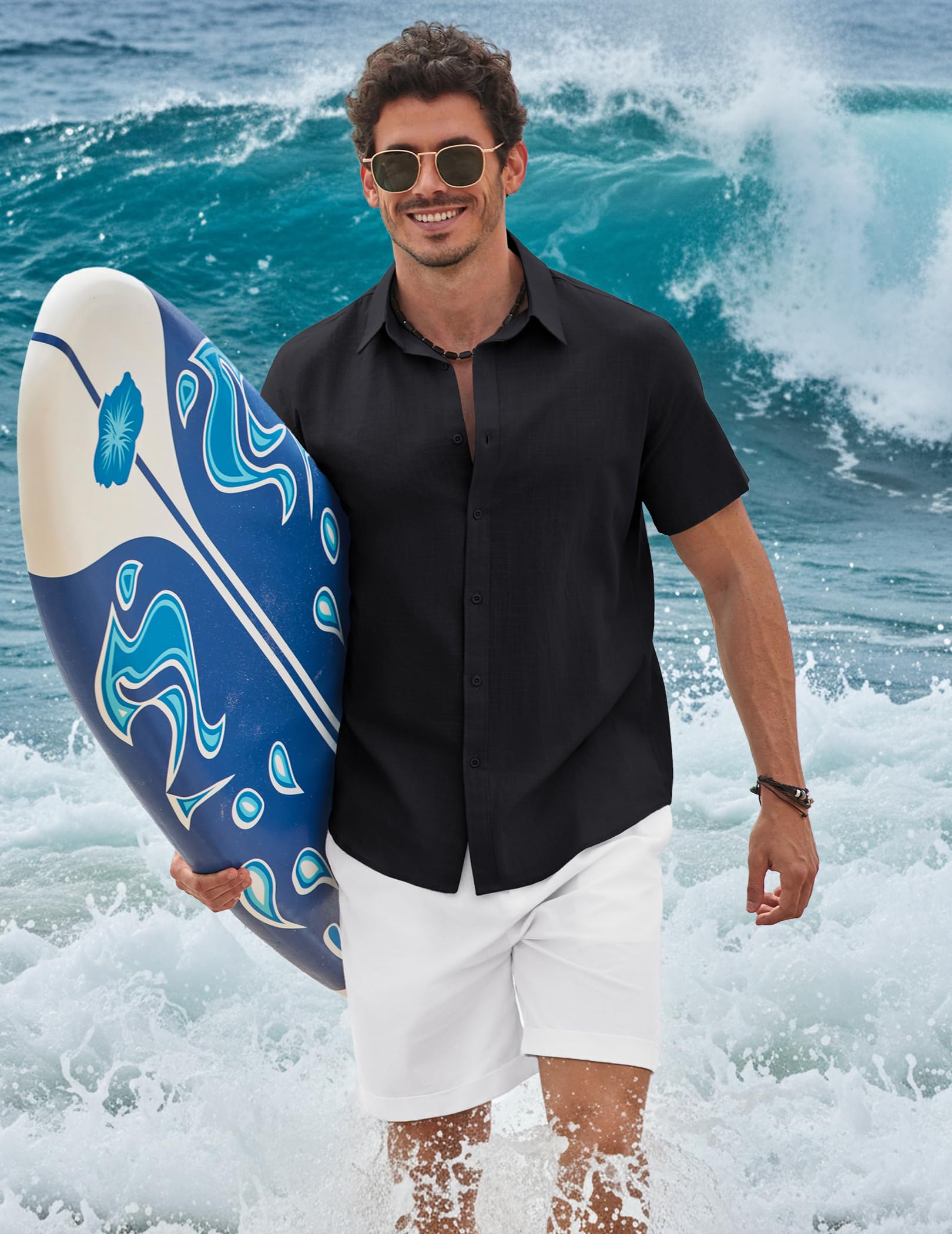 COOFANDY Camisa de hombre de manga corta de algodón para verano, ligera, informal, para vacaciones, botones, corte regular, camisa de playa