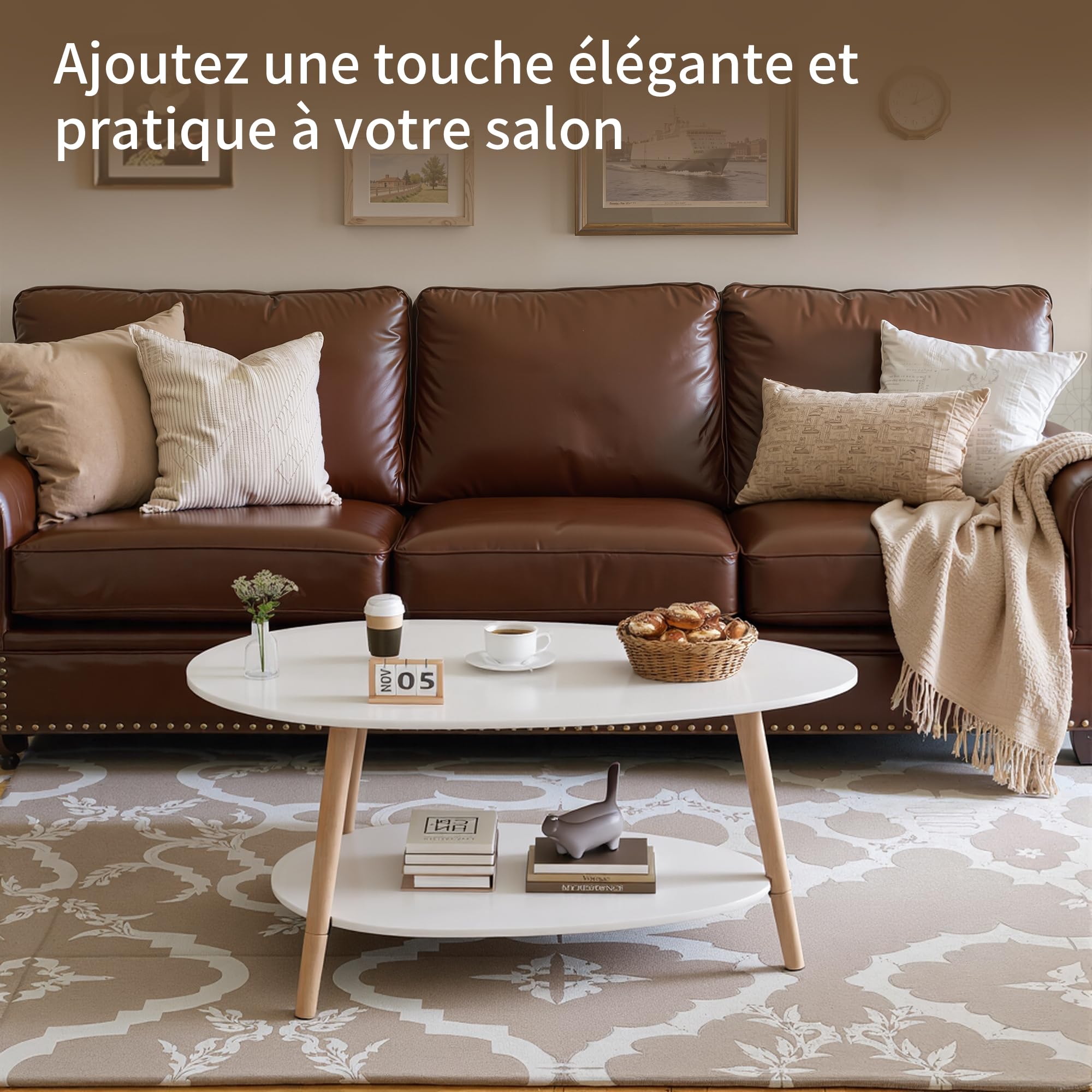 BonVache Table de Thé en Bois Massif, Table de Salon Ovale à Double Niveau, Table Ronde pour Salon, Table Basse, Table d'Appoint, Table à Thé, Blanc