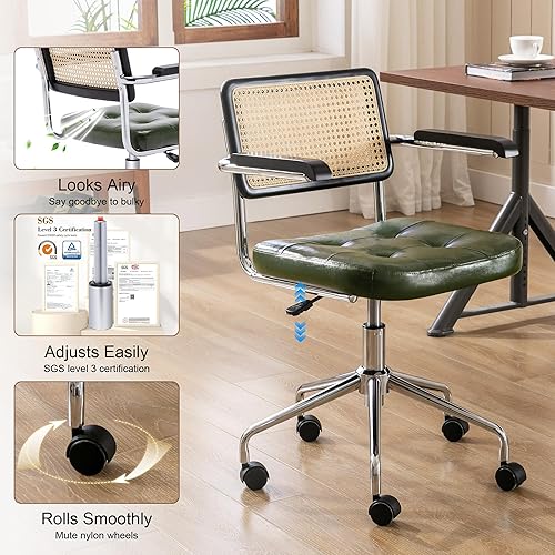 Miniatura 5 de Zesthouse Silla moderna de oficina en casa, silla de escritorio de cuero con respaldo de ratán, silla de tocador para niñas y mujeres, sillón