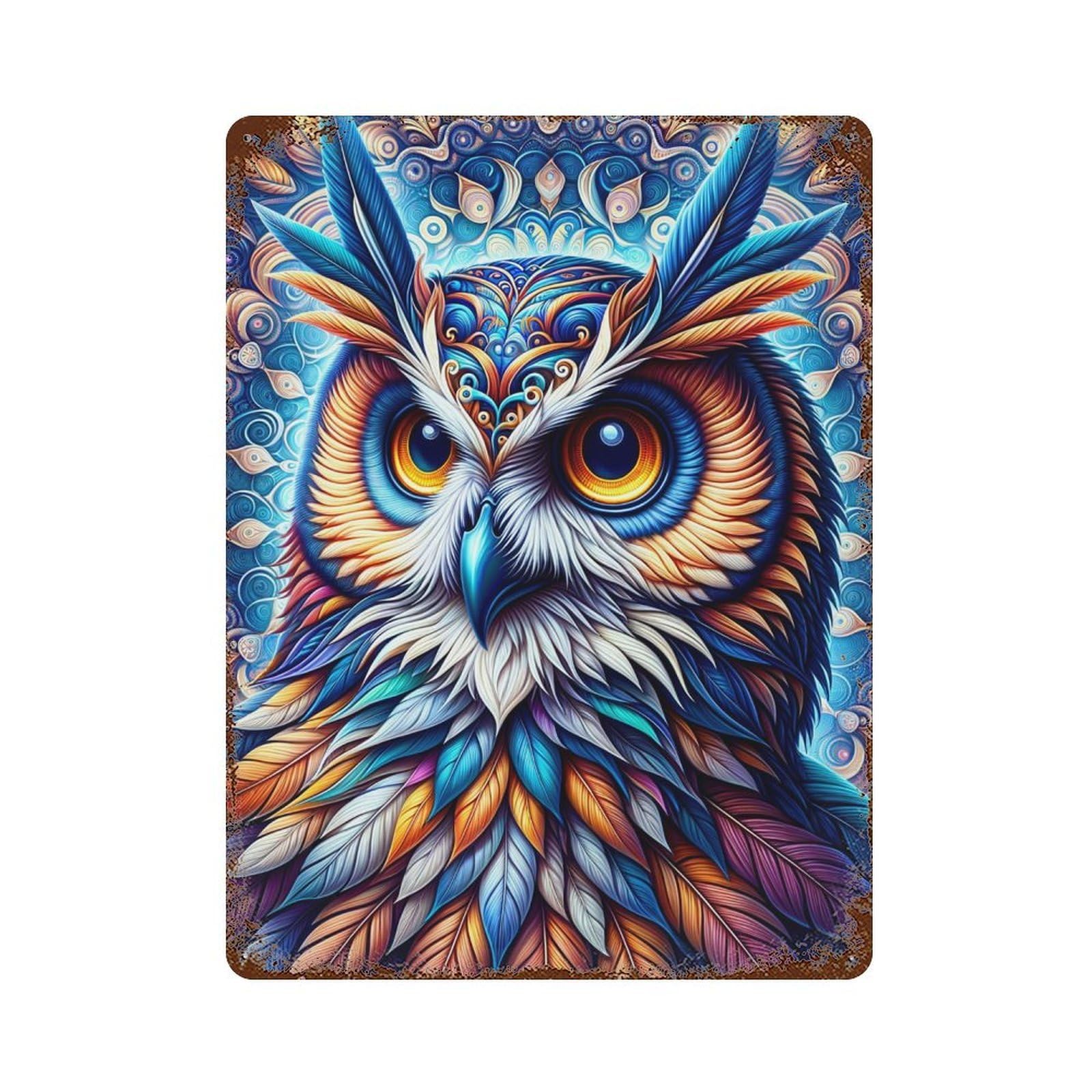 Colorful Owl Art Print 15.7"x11.8" Vintage Rust Metal Sign, Novelty Wall Decor for Living Room, Hallway And Home Decor
